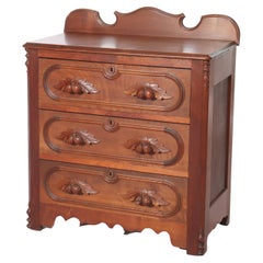Antique Victorian Chestnut Three Drawer Commode with Carved Pulls C1890