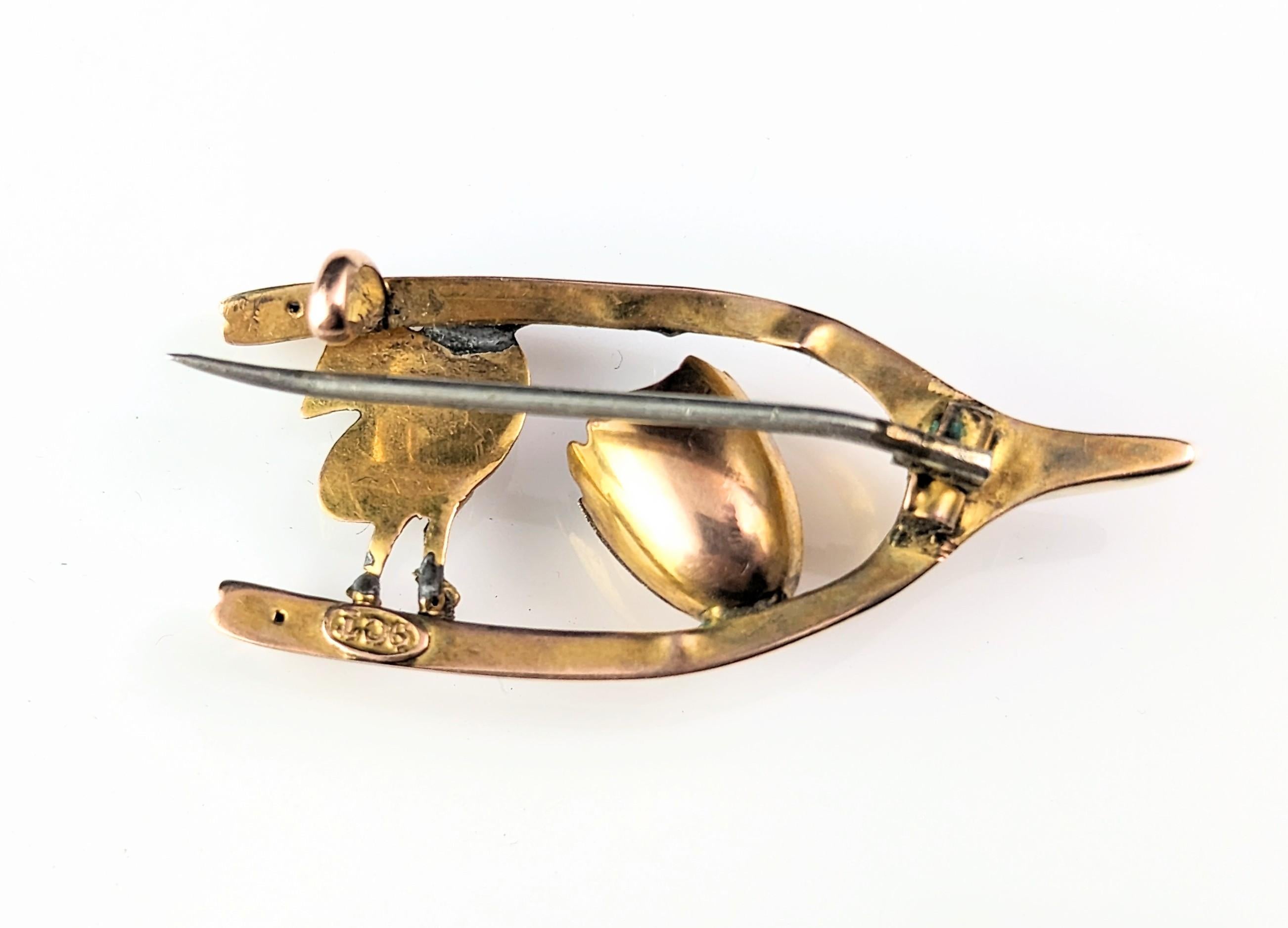 Antique Victorian Chick and egg brooch, 9k gold, Lucky Wishbone  6