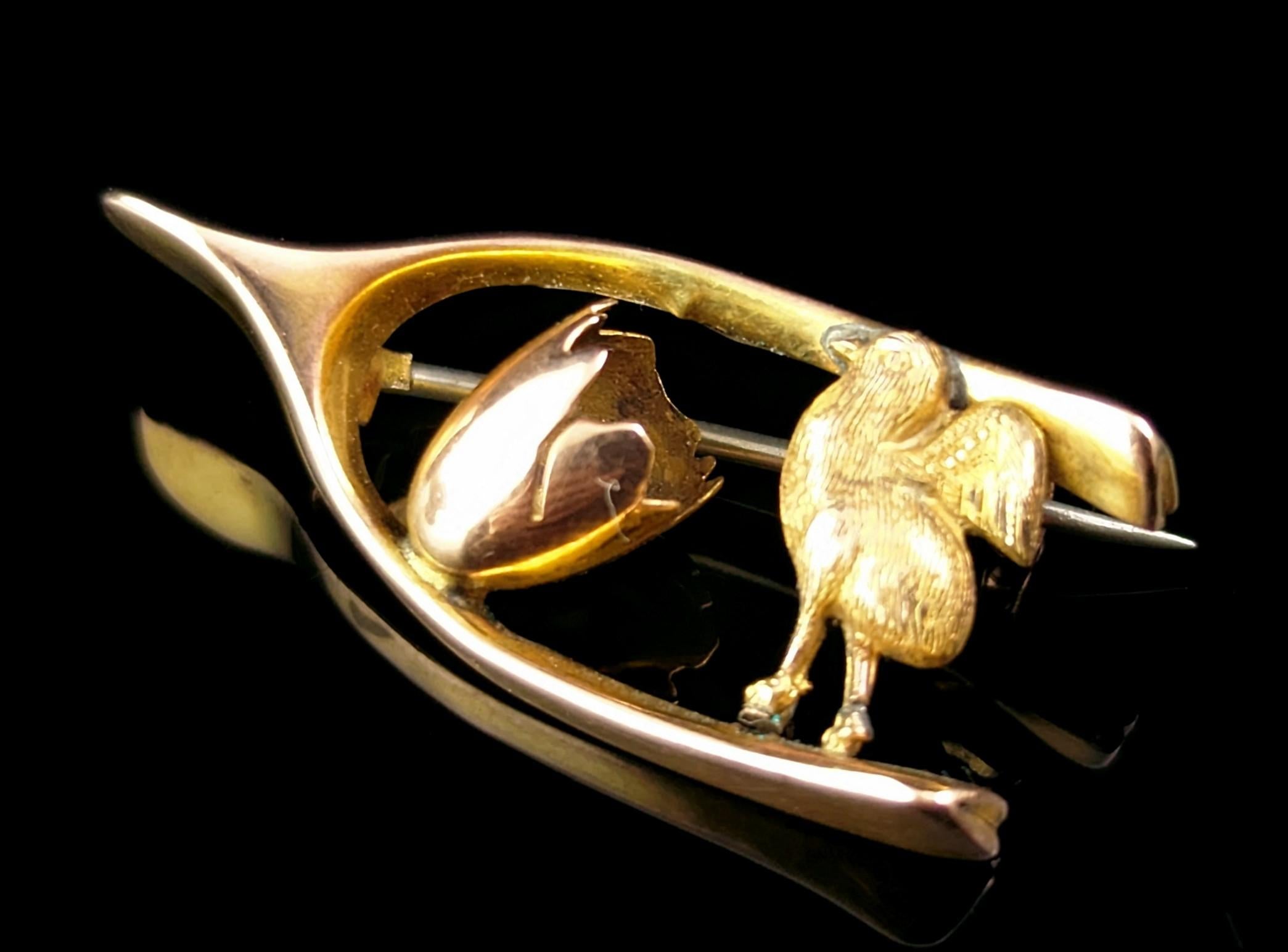 Women's or Men's Antique Victorian Chick and egg brooch, 9k gold, Lucky Wishbone 