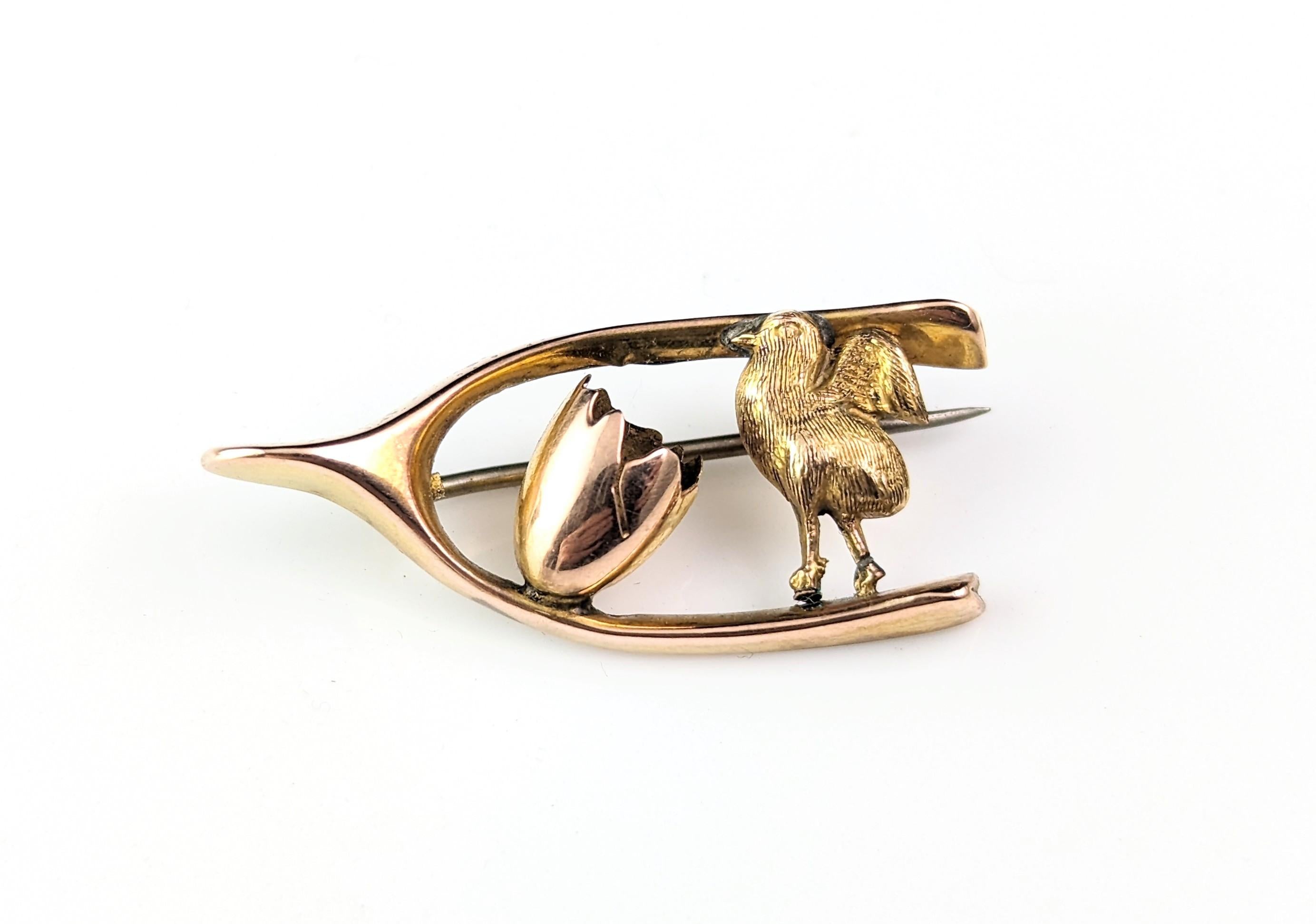 Antique Victorian Chick and egg brooch, 9k gold, Lucky Wishbone  4