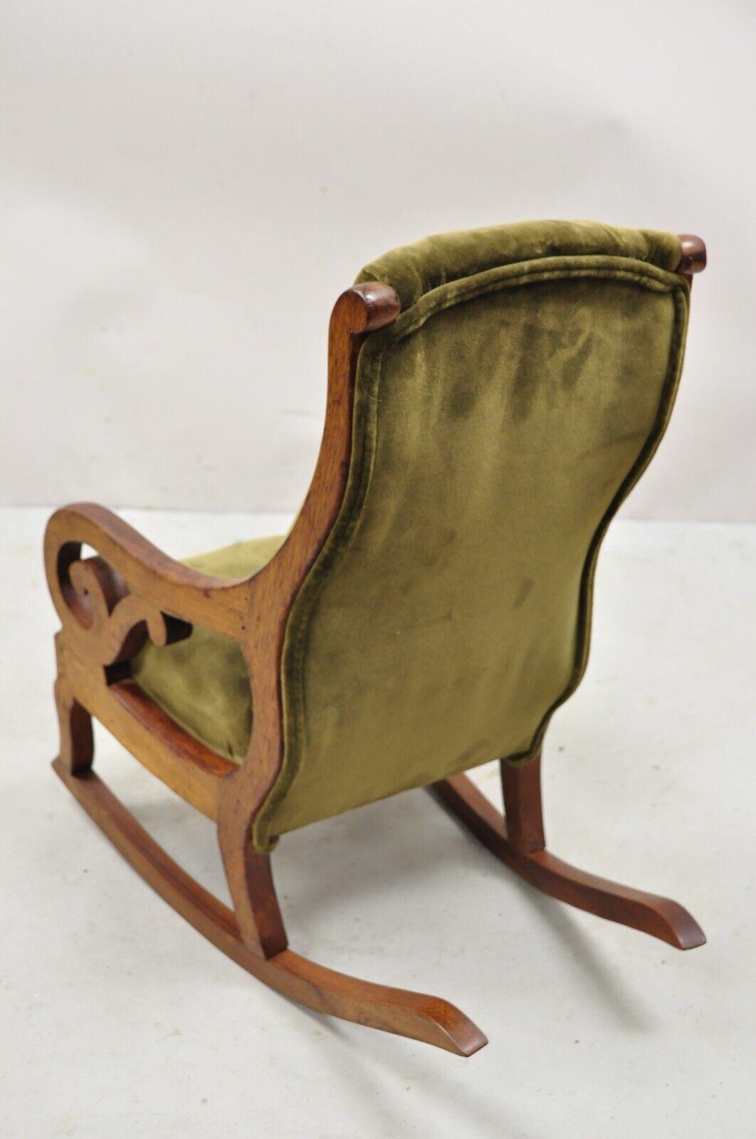 Antique Victorian Childs Small Rocking Chair Walnut Rocker Green Mohair 5