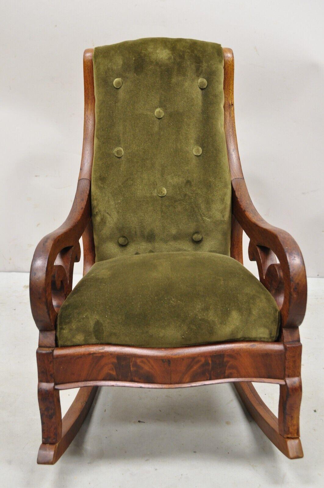 Antique Victorian childs small rocking chair walnut rocker green mohair. Item features original green upholstery, solid wood frame, beautiful wood grain, very nice antique item, quality American craftsmanship. Circa 19th century. Measurements: 24