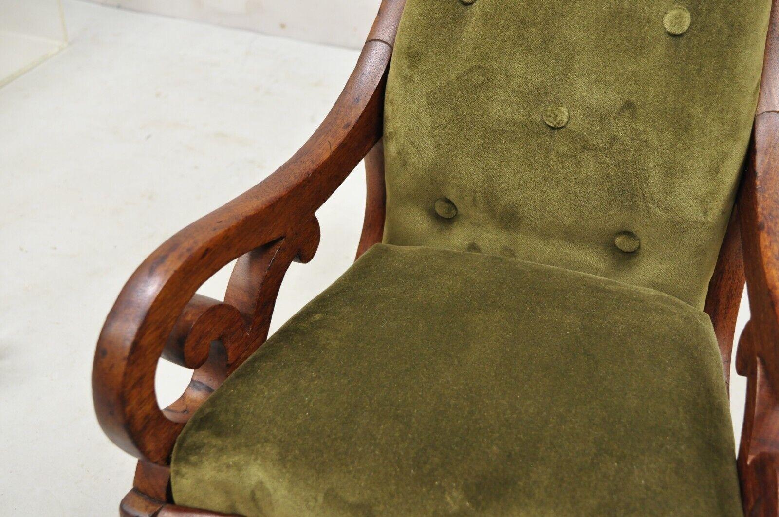 Antique Victorian Childs Small Rocking Chair Walnut Rocker Green Mohair In Good Condition In Philadelphia, PA