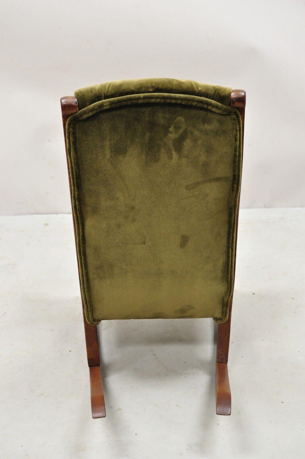 Antique Victorian Childs Small Rocking Chair Walnut Rocker Green Mohair 2