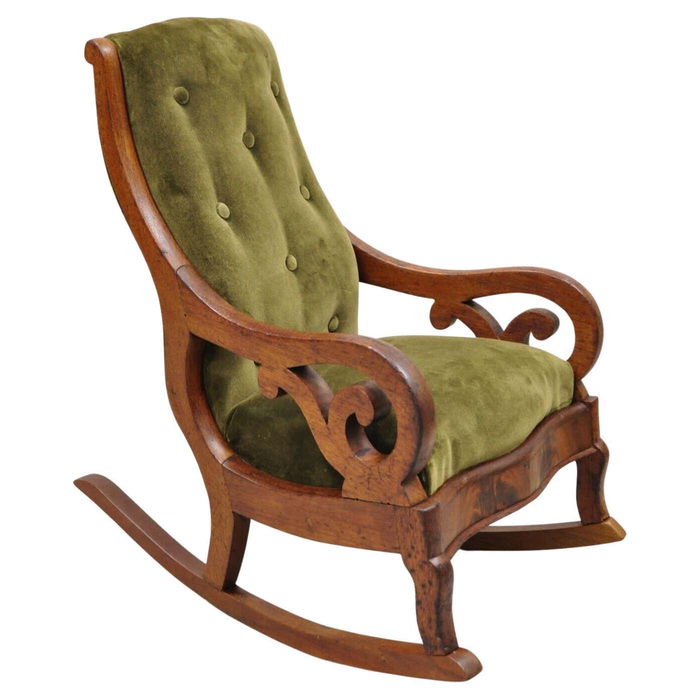 Mini Antique Rocking Chair Antique Victorian Childs Small Rocking Chair Walnut Rocker Green Mohair ...