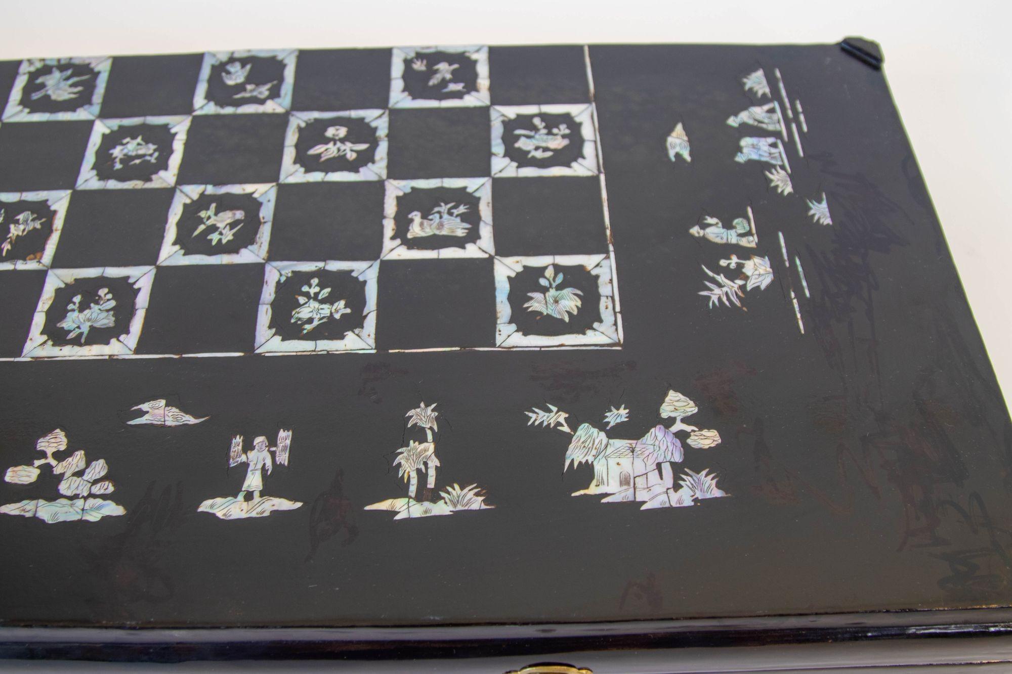 Antique Victorian Chinese Black Lacquered and Mother of Pearl Inlaid Games Box For Sale 9