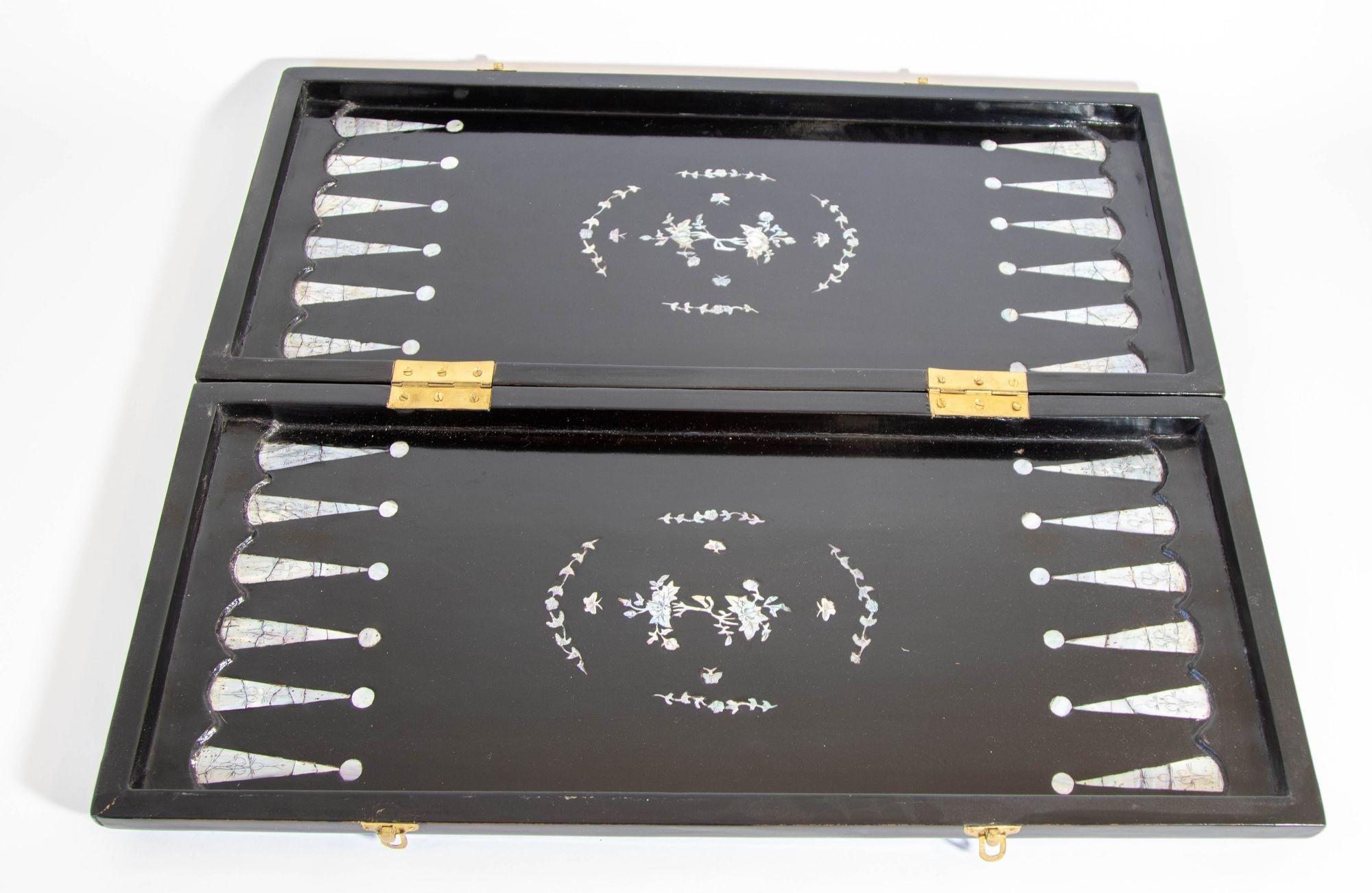 Hand-Crafted Antique Victorian Chinese Black Lacquered and Mother of Pearl Inlaid Games Box For Sale