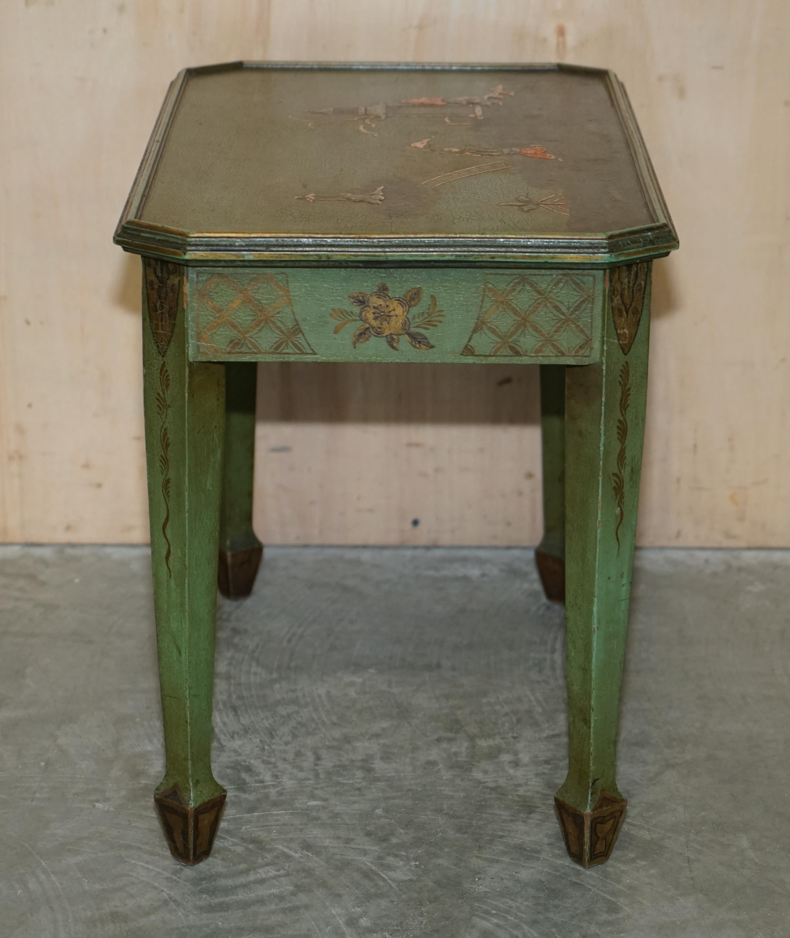 Antique Victorian Chinese Chinoiserie Hand Painted Green Side End Wine Table For Sale 6