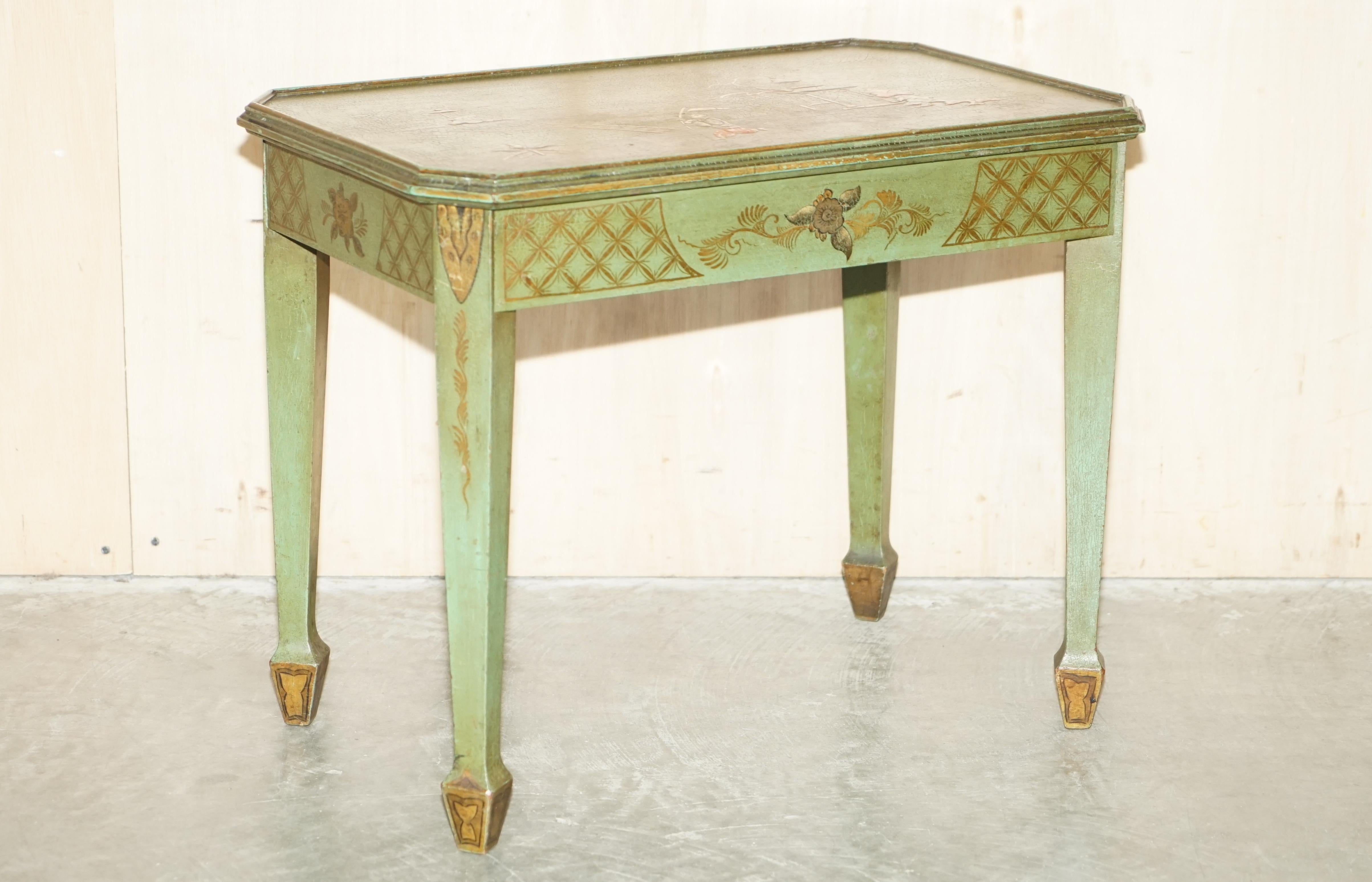 We are delighted to offer for sale this lovely circa 1880-1900 hand made Chinese Chinoiserie side table in oak with stunning original green paint finish

A very good looking and well made piece, the finish is 100% original and untouched, it looks