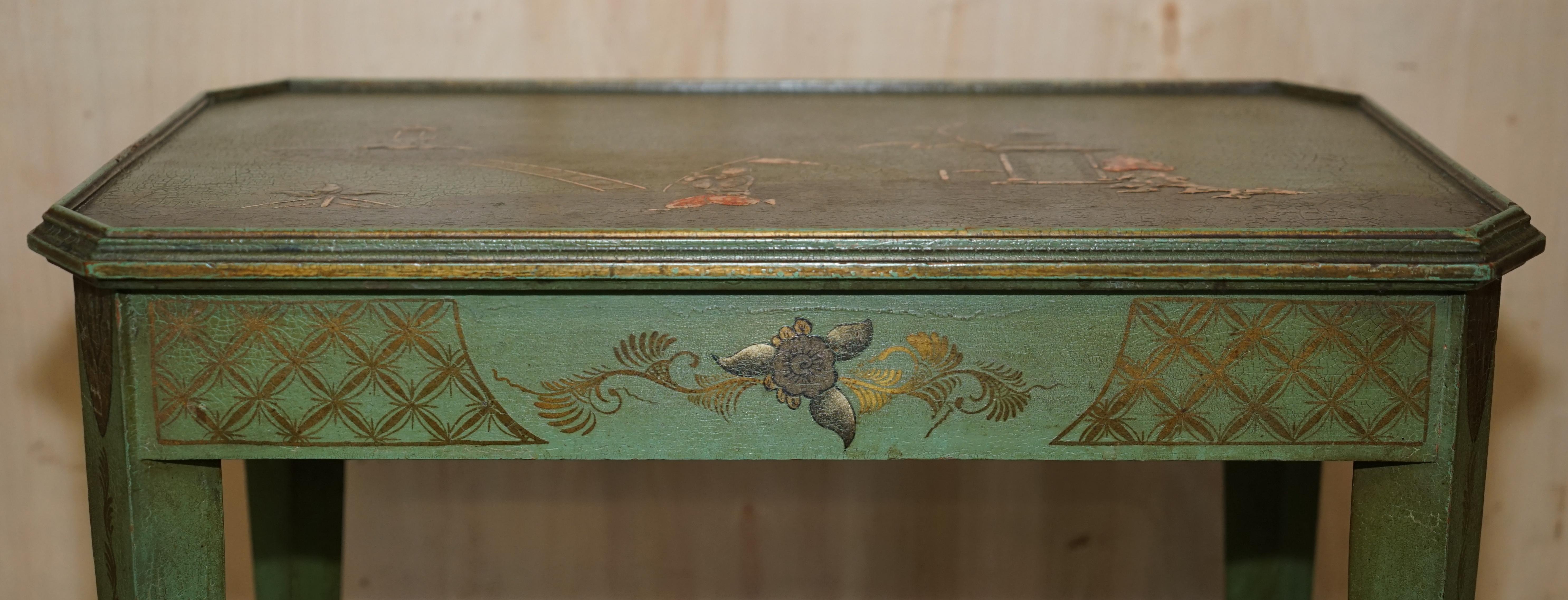 Antiker viktorianischer chinesischer Chinoiserie-Weintisch, handbemalt, grüner Beistelltisch (Handbemalt) im Angebot