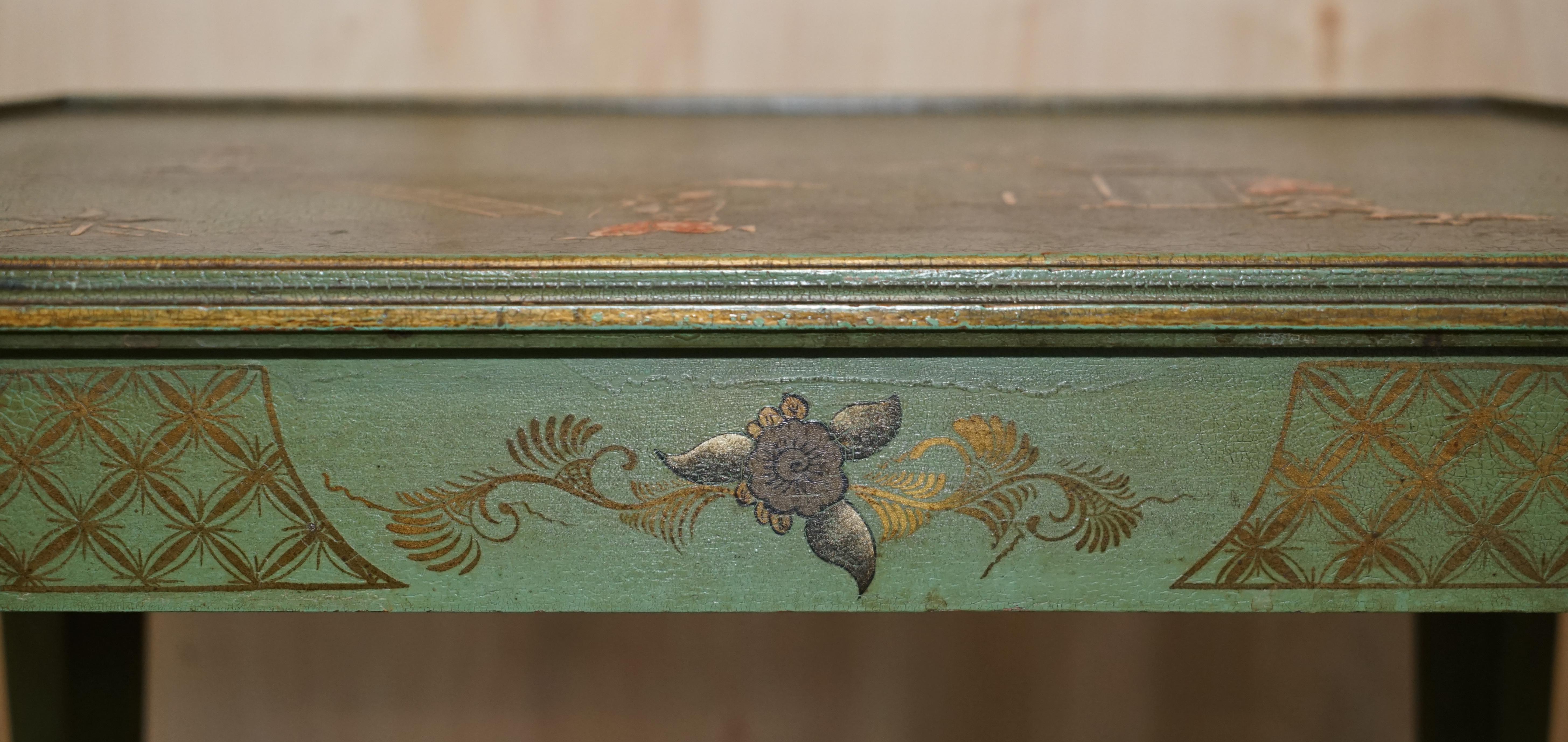 Hand-Painted Antique Victorian Chinese Chinoiserie Hand Painted Green Side End Wine Table For Sale