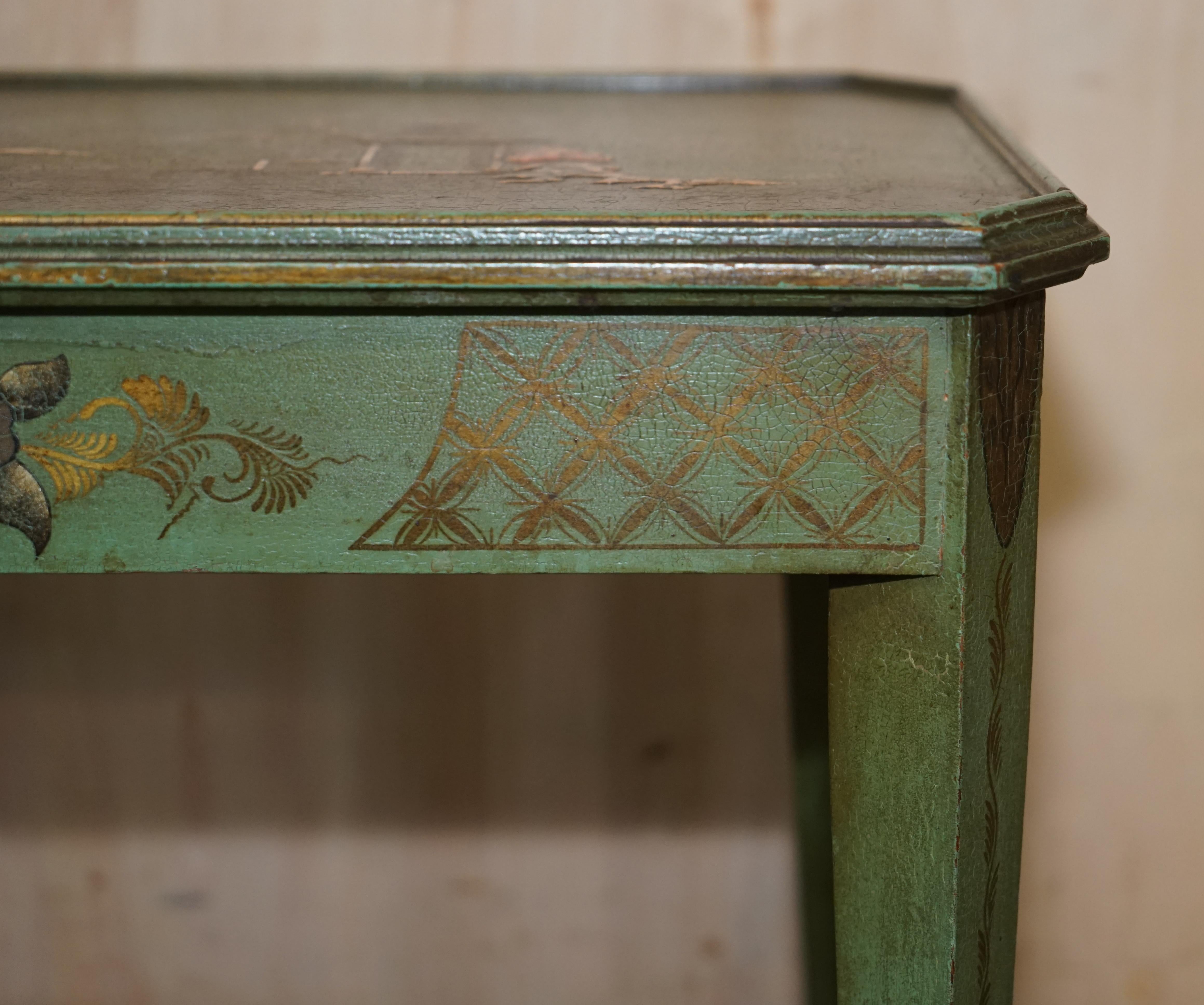 Late 19th Century Antique Victorian Chinese Chinoiserie Hand Painted Green Side End Wine Table For Sale