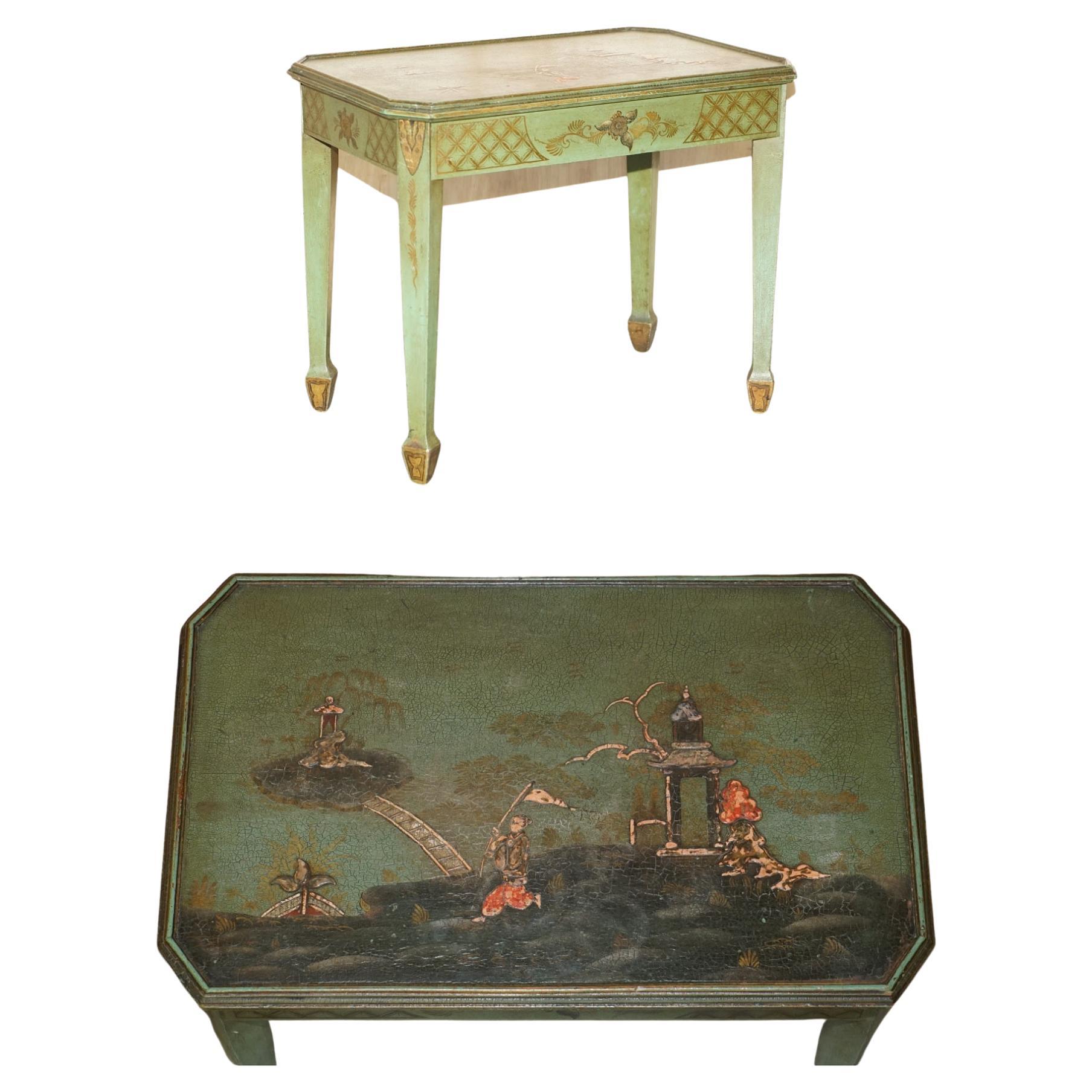 Antique Victorian Chinese Chinoiserie Hand Painted Green Side End Wine Table For Sale