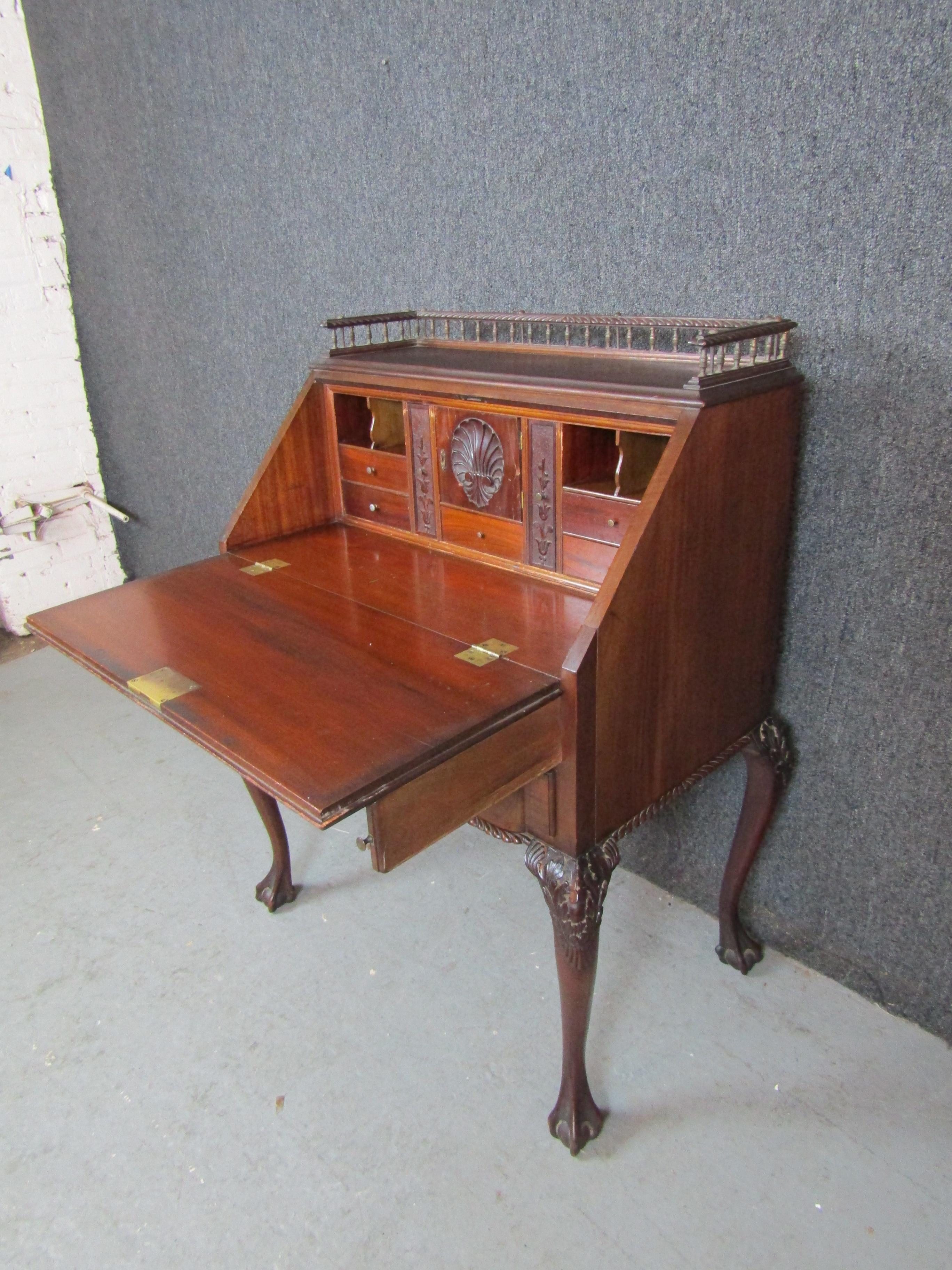 Metal Antique Victorian Chippendale Mahogany Secretary Desk For Sale