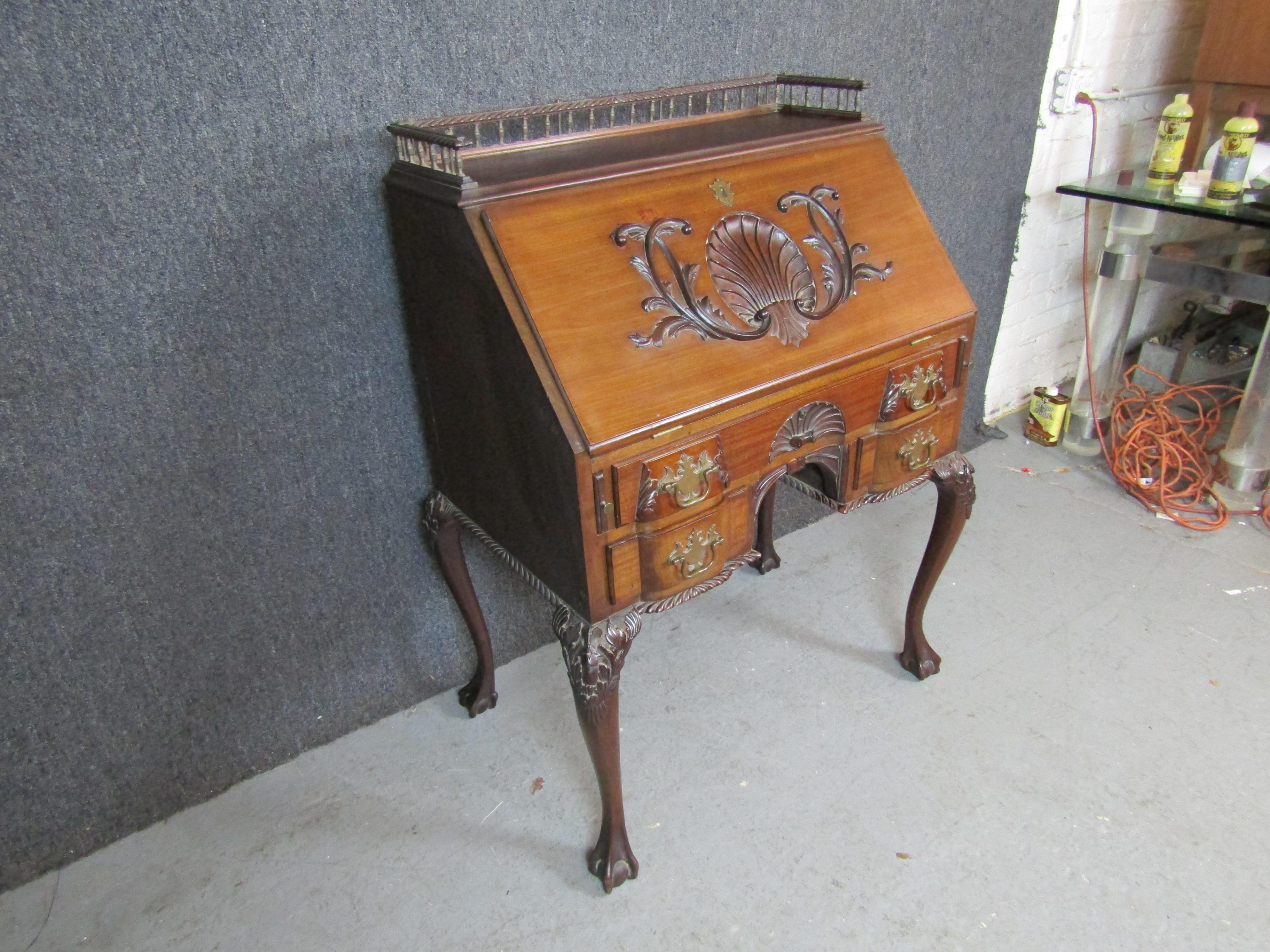 English Antique Victorian Chippendale Mahogany Secretary Desk For Sale
