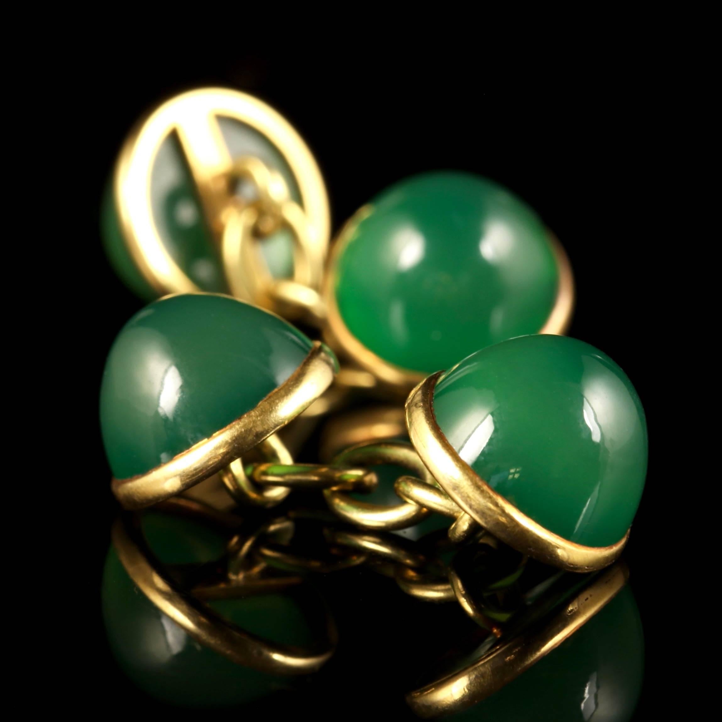 These fabulous 18ct Gold Victorian Chrysoprase double cufflinks are Circa 1900.

Each glowing Chrysoprase gemstone is 3ct.

Chrysoprase crystal properties are an effective prescription for encouraging a more positive outlook on life. Keep this