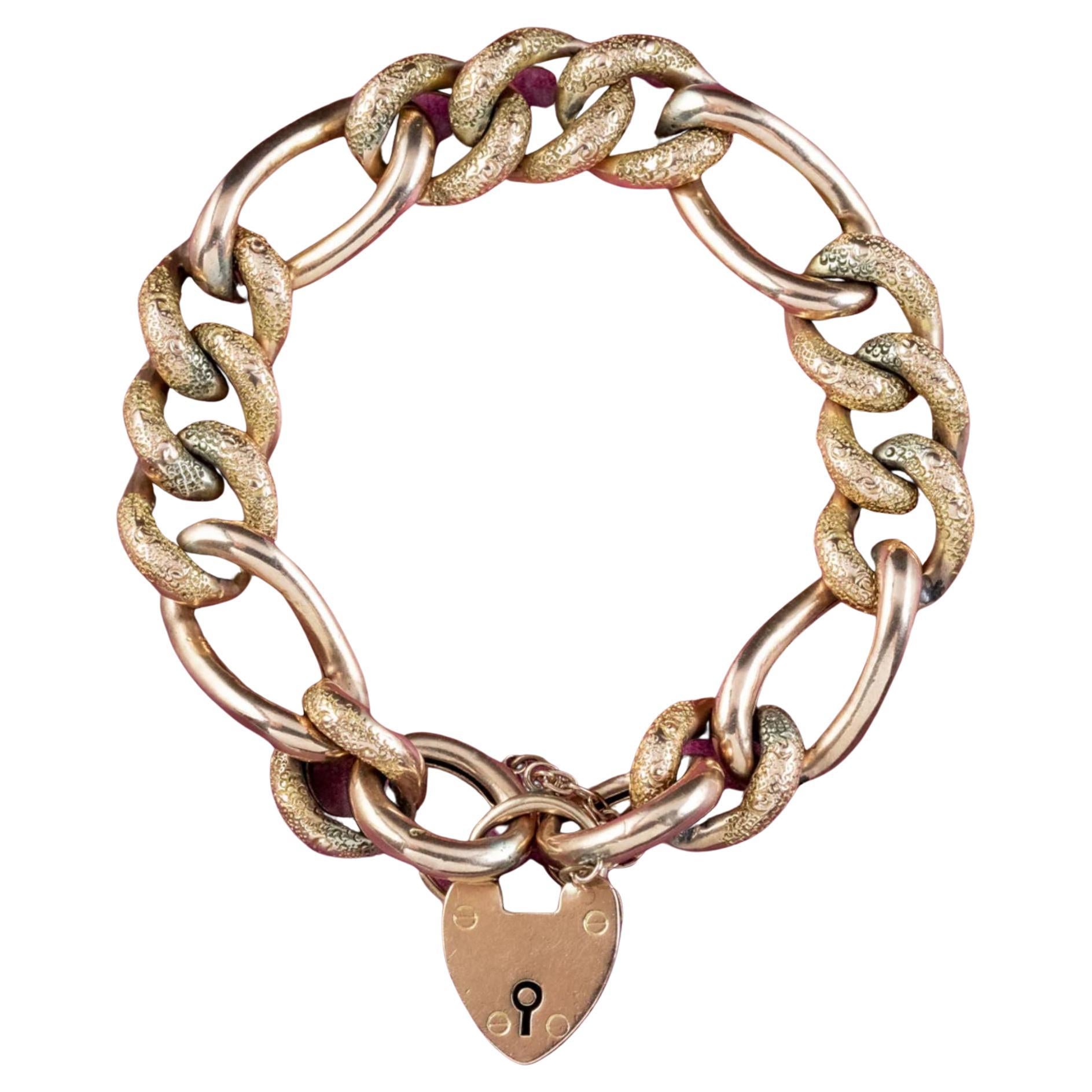 Bracelet victorien ancien épais en or 9 carats avec cadenas en forme de cœur