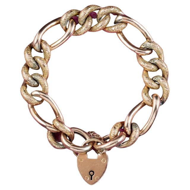 Antique 1901 Yellow Gold Curb Bracelet with Heart Padlock Clasp For ...