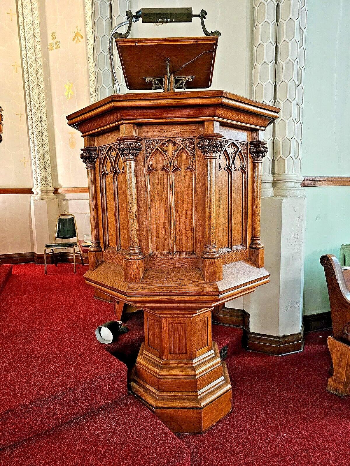 Rare, antique Victorian, Neo Gothic solid oak podium pulpit platform with adjustable missal or bible with light and steps.

Measures Impressive 69.50
