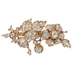 Antique Victorian circa 1850, 5.83 Carat Diamond Gold Rose Floral Spray Brooch