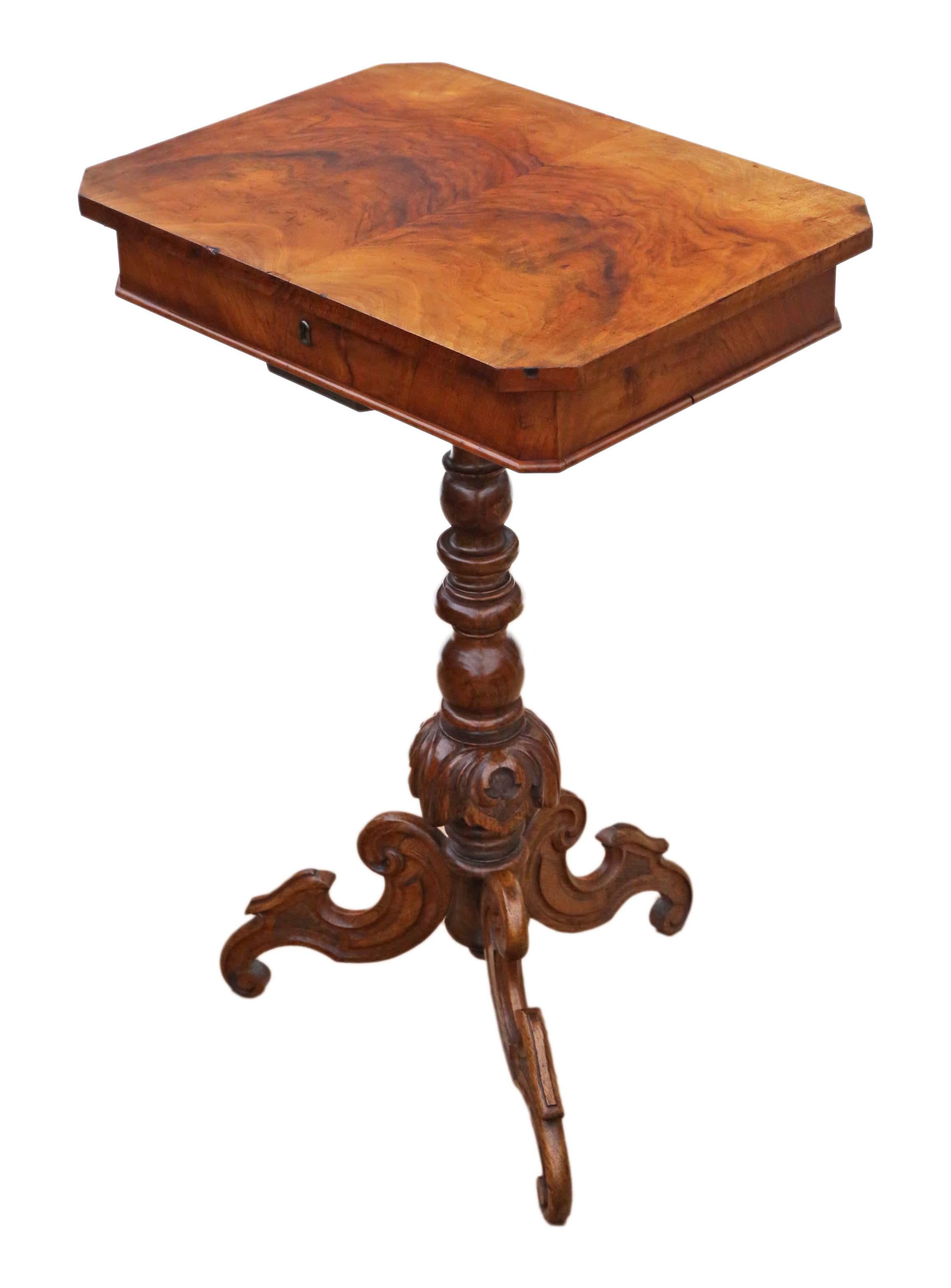 Mid-19th Century Antique Victorian circa 1860 Burr Walnut Work Side Sewing Table Box For Sale