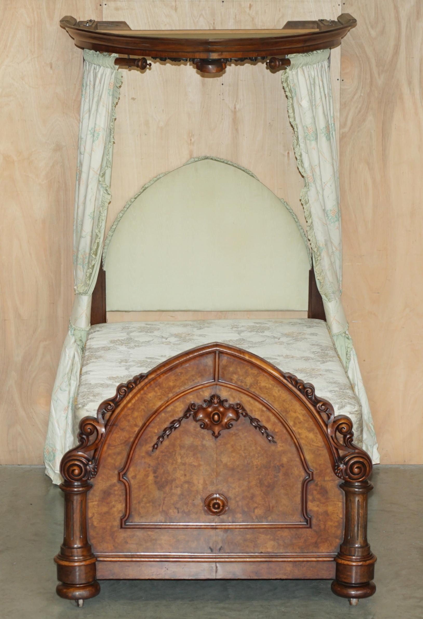 ANTIQUE VICTORIAN CIRCA 1860 HAND CARVED BURR WALNUT HALF TESTER CANOPY BEd For Sale 6