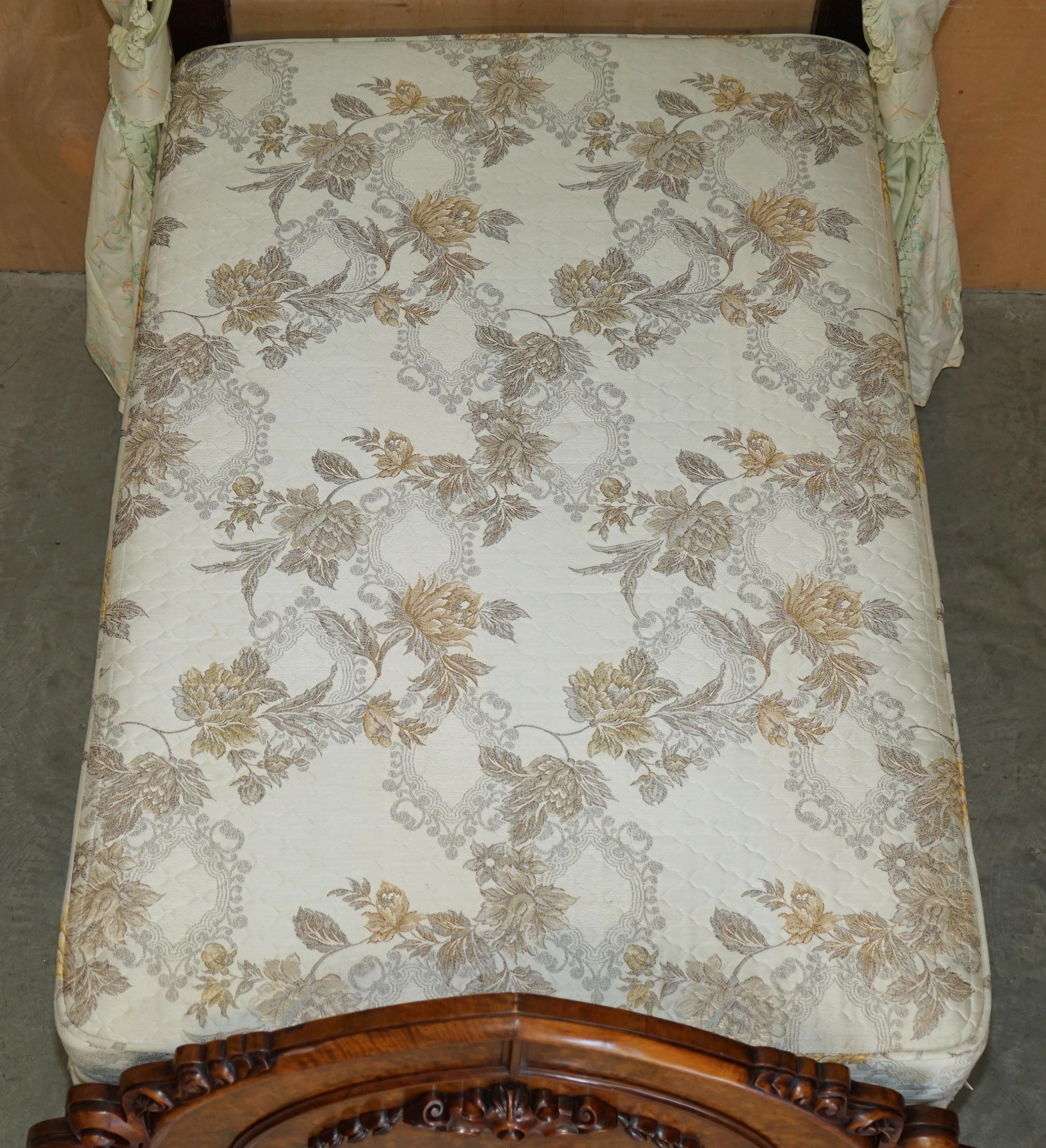 ANTIQUE VICTORIAN CIRCA 1860 HAND CARVED BURR WALNUT HALF TESTER CANOPY BEd For Sale 7