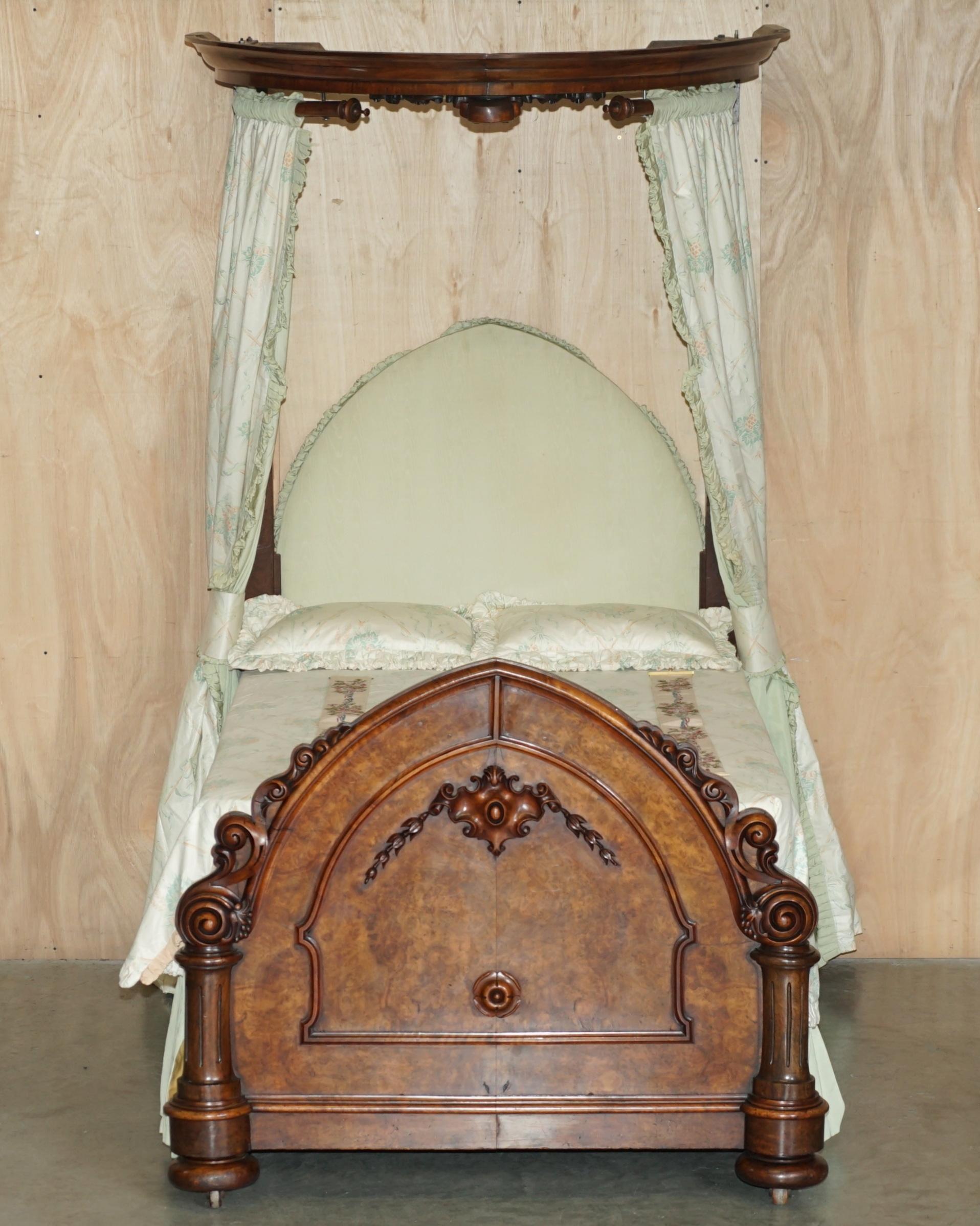 We are delighted to offer for sale this lovely handmade in England Burr Walnut ornately carved Half Tester Canopy bed

A very good looking, extremely comfortable and well-made bed, this is pretty much as ornate and decorative as you will see