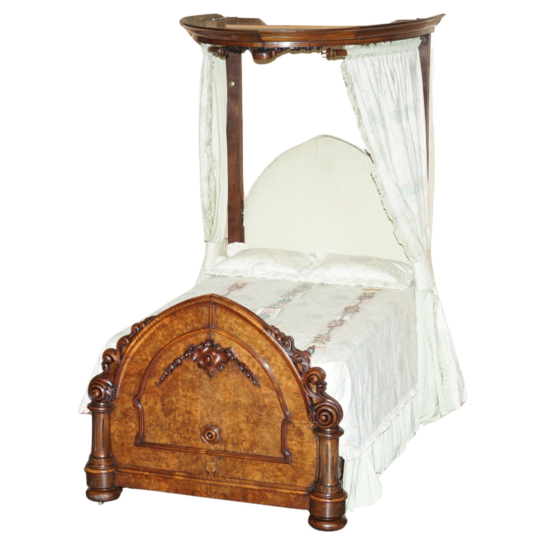 ANTIQUE VICTORIAN CIRCA 1860 HAND CARVED BURR WALNUT HALF TESTER CANOPY BEd For Sale