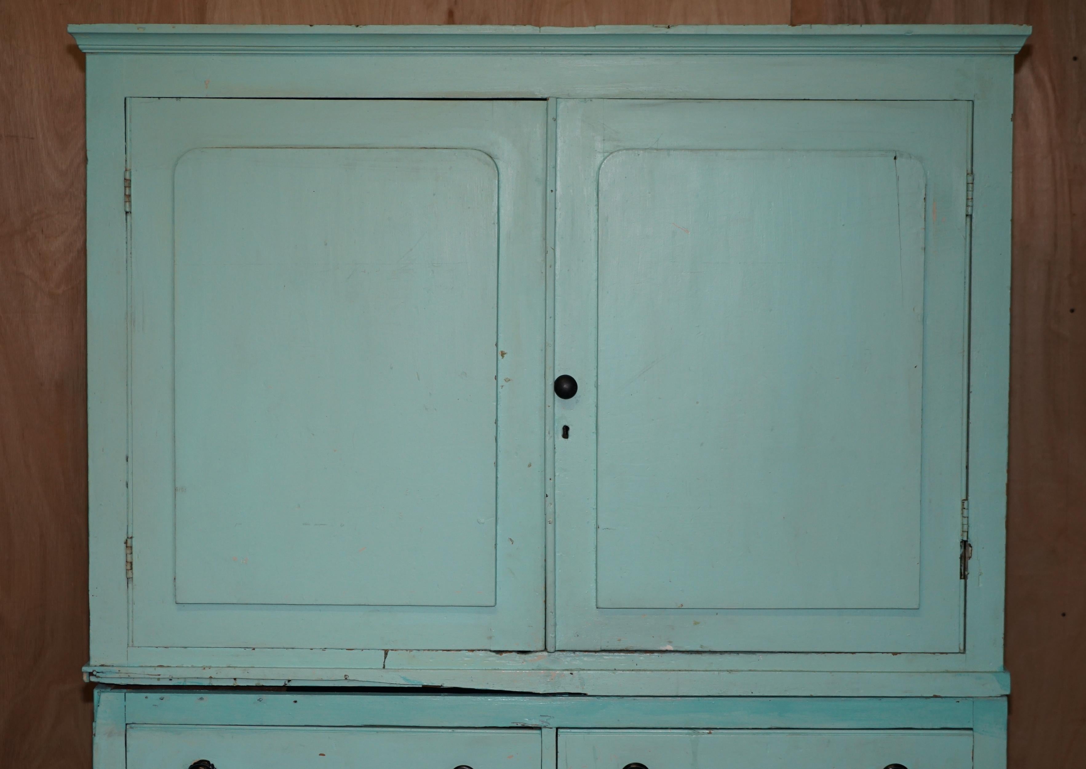 High Victorian Antique Victorian circa 1860 Pine Housekeepers Cupboard Linen Original Paint For Sale