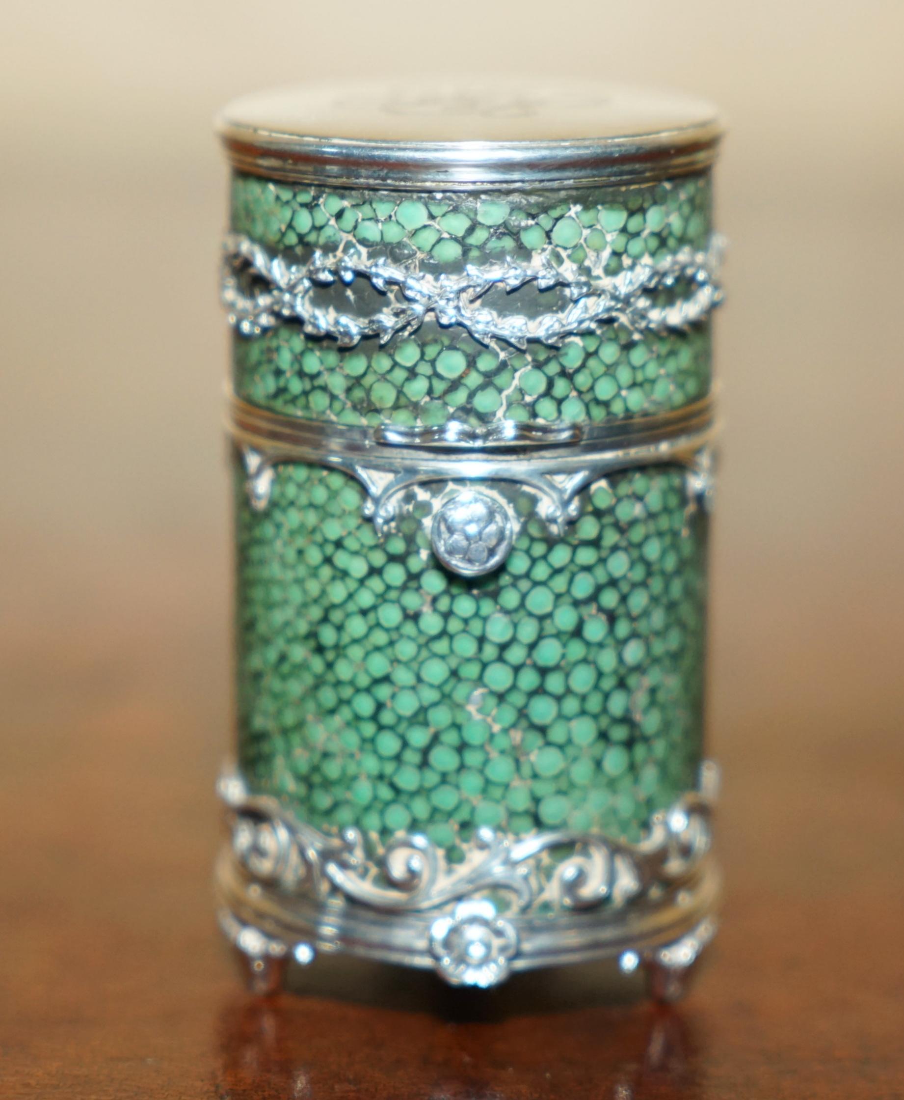 Royal House Antiques

Royal House Antiques is delighted to offer for sale this very rare and highly collectable, Watherston London Victorian Scent bottle case in silver and Shagreen

A very good looking well made and decorative piece, it is as