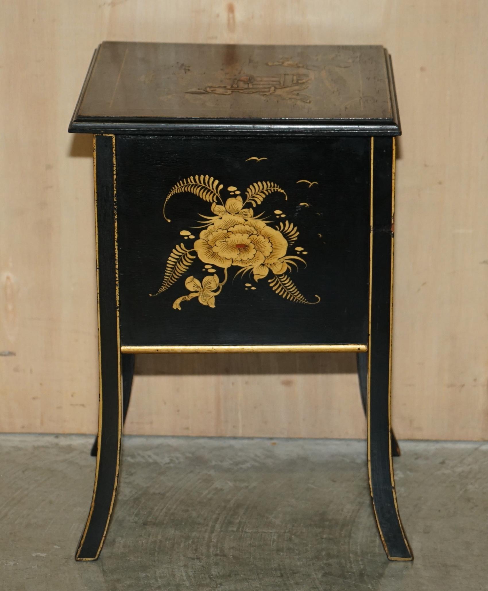 Antique Victorian circa 1880 Chinese Chinoiserie Lacquered Sewing Table Work Box For Sale 7