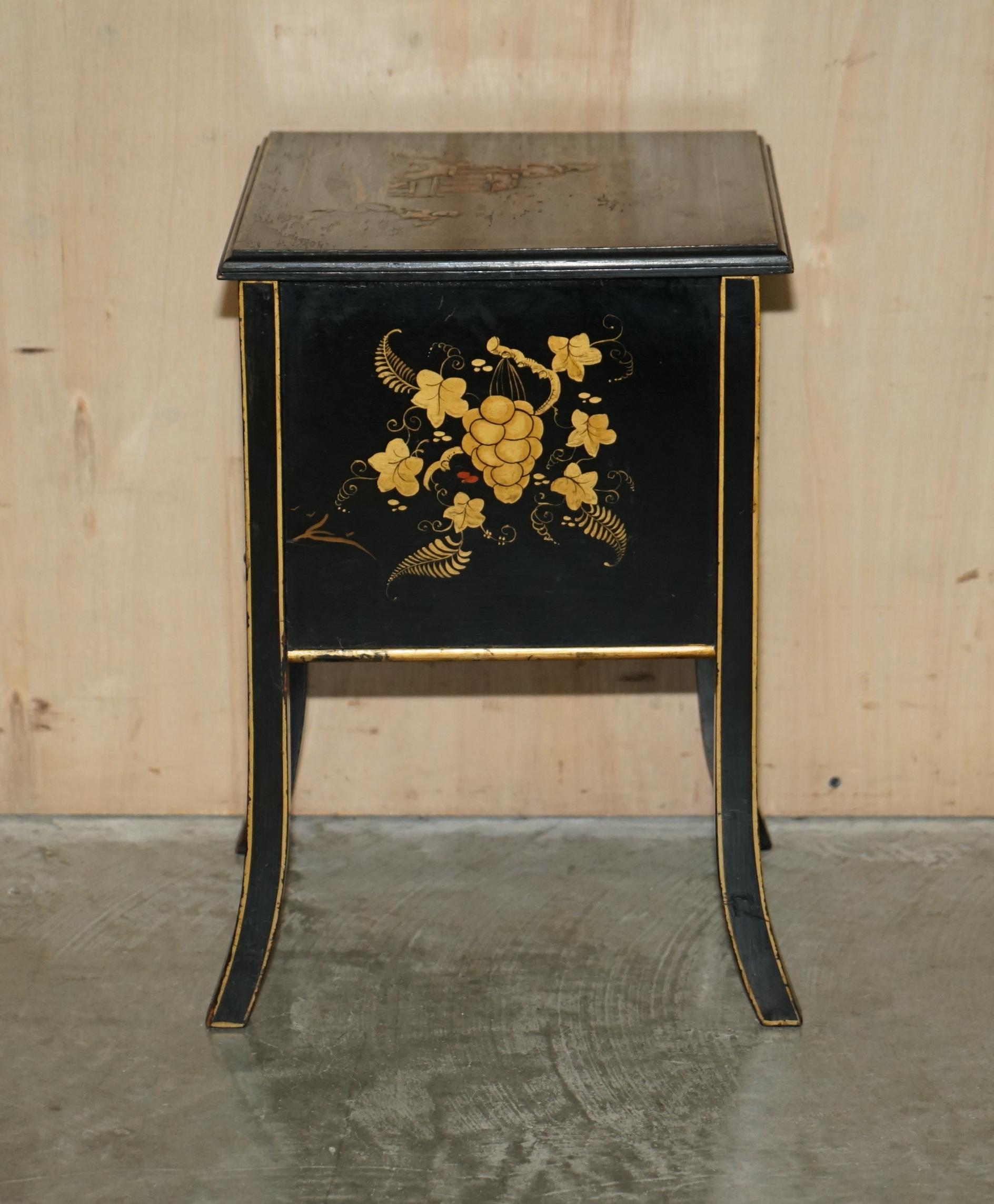 Antique Victorian circa 1880 Chinese Chinoiserie Lacquered Sewing Table Work Box For Sale 9