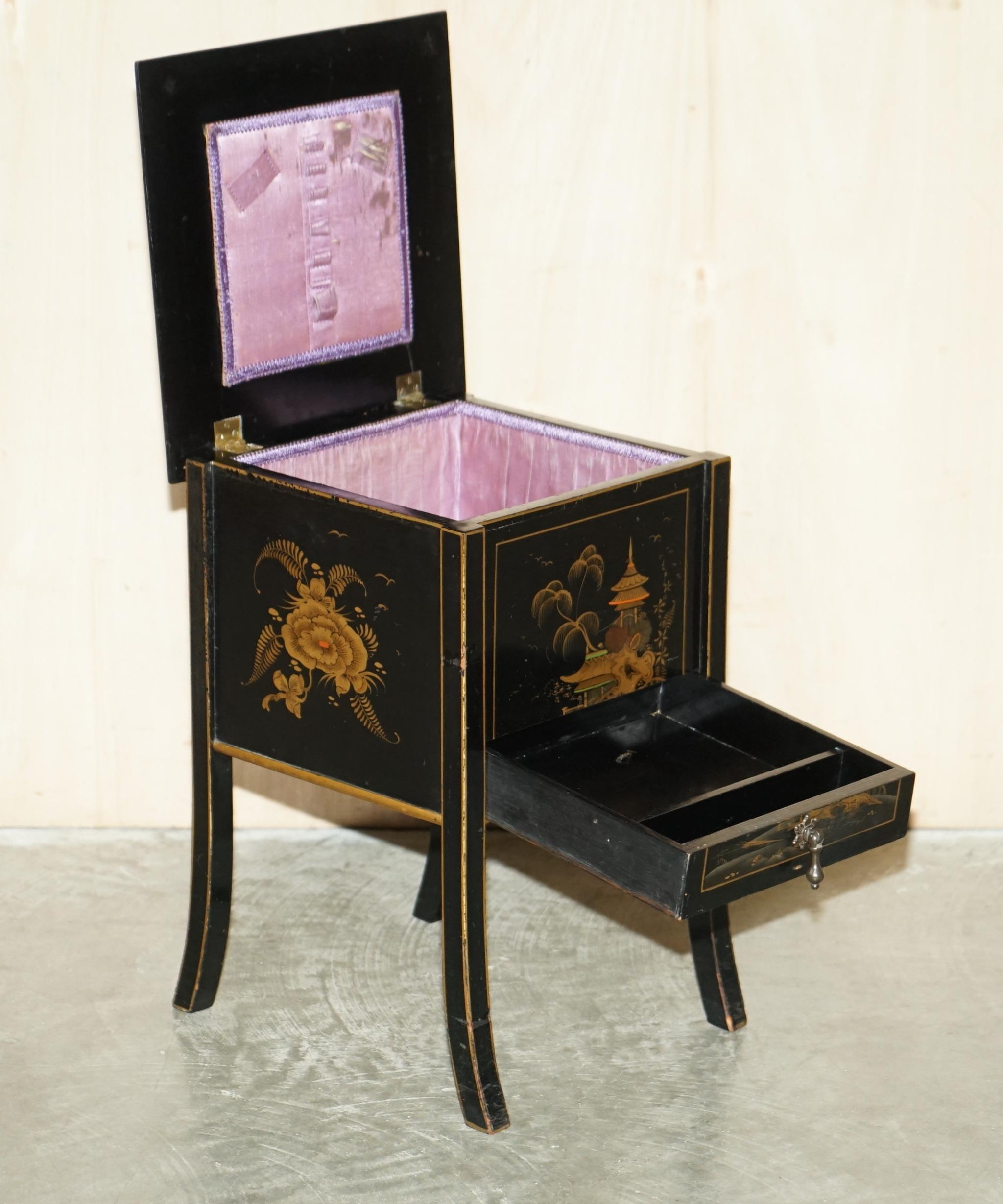 Antique Victorian circa 1880 Chinese Chinoiserie Lacquered Sewing Table Work Box For Sale 10
