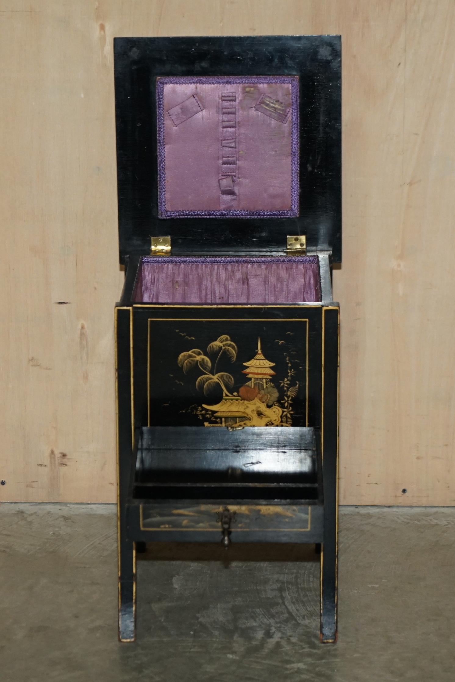 Antique Victorian circa 1880 Chinese Chinoiserie Lacquered Sewing Table Work Box For Sale 11