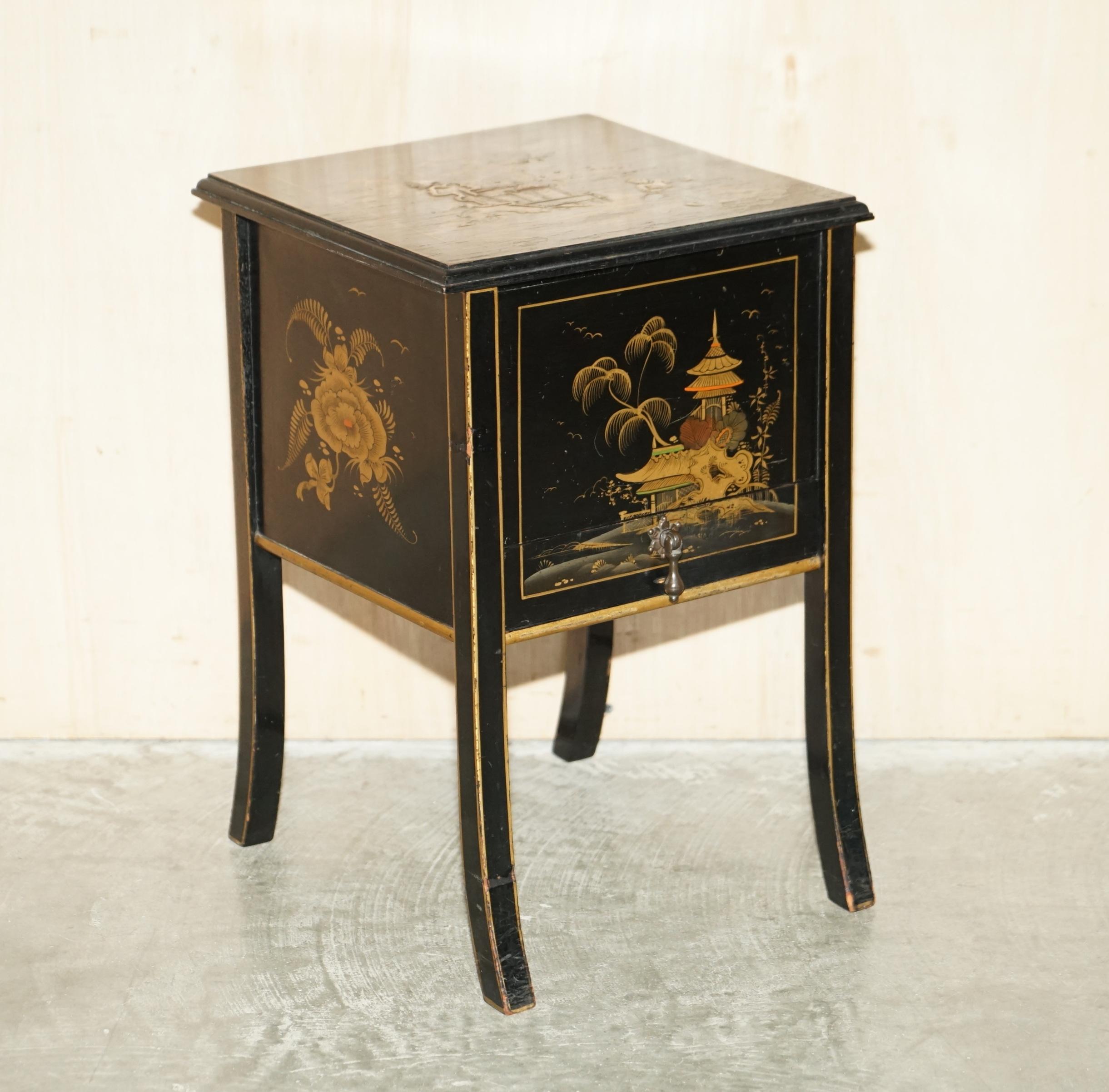 We are delighted to offer for sale this lovely circa 1880 hand made Chinese Chinoiserie work / sewing table with silk lining.

A very good looking and well made piece, the finish is 100% original and untouched, it looks every bit of its 120-140