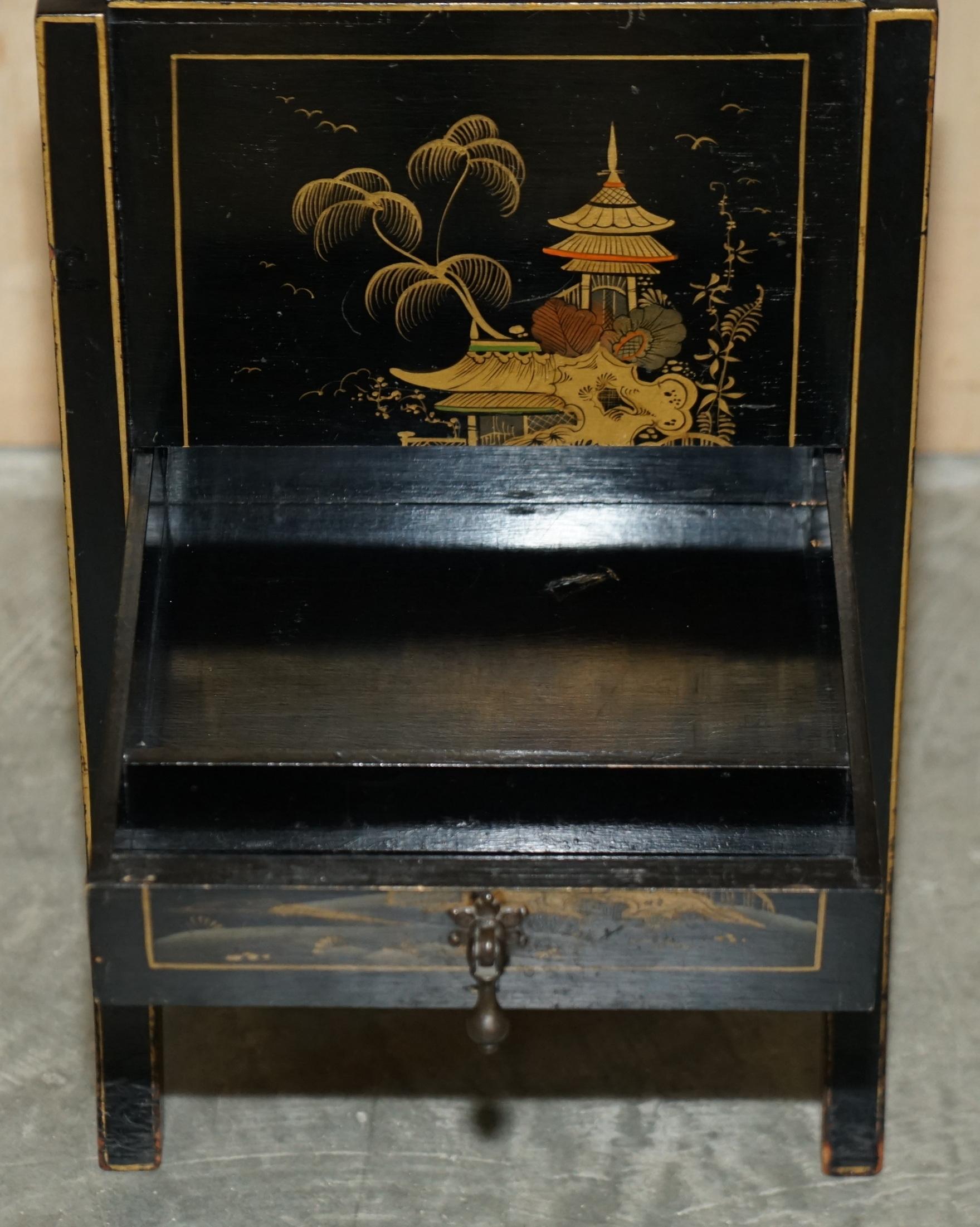 Antique Victorian circa 1880 Chinese Chinoiserie Lacquered Sewing Table Work Box For Sale 15
