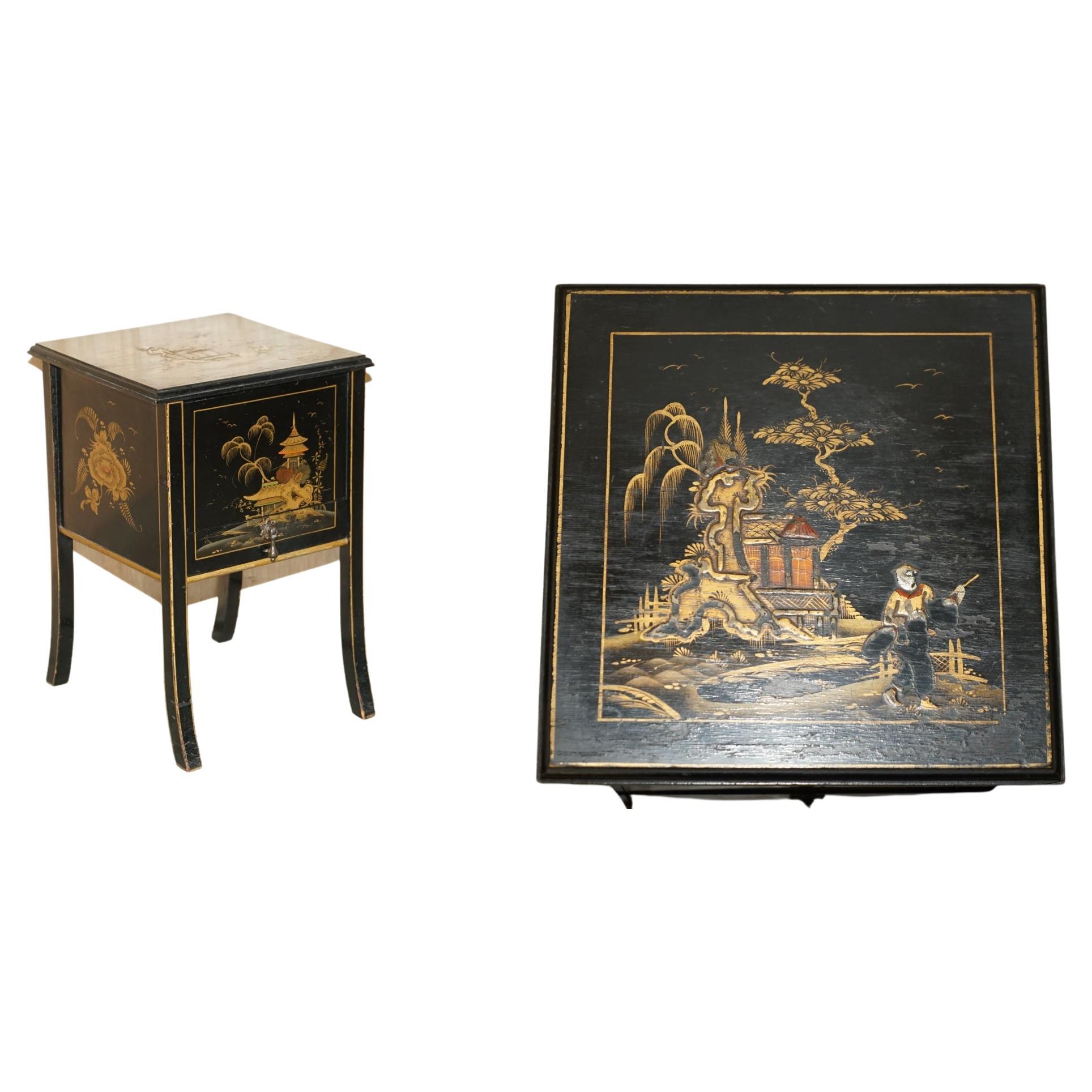 Antique Victorian circa 1880 Chinese Chinoiserie Lacquered Sewing Table Work Box For Sale