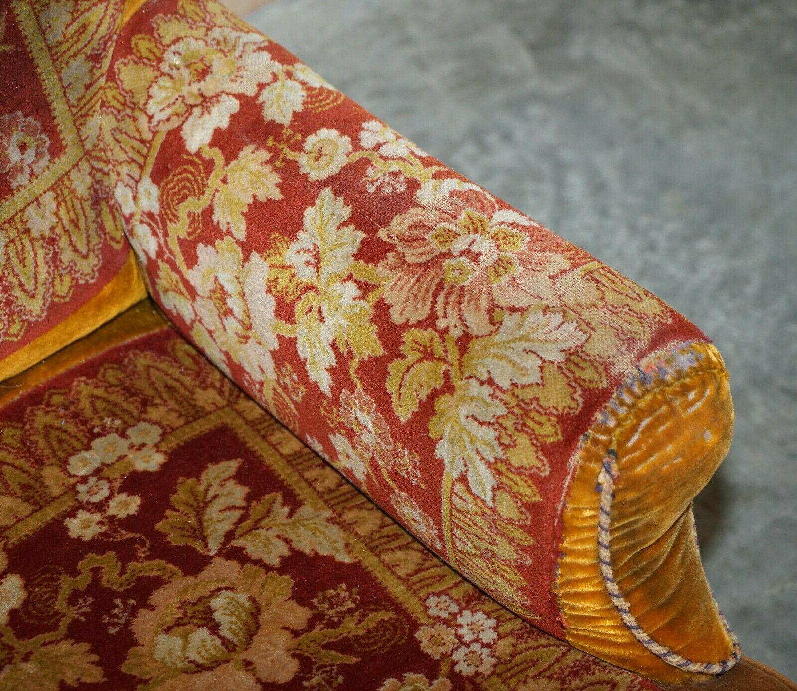 Upholstery ANTIQUE VICTORIAN CiRCA 1880 HOWARD STYLE TURKEY WORK CARPET KILIM RUG ARMCHAIR For Sale