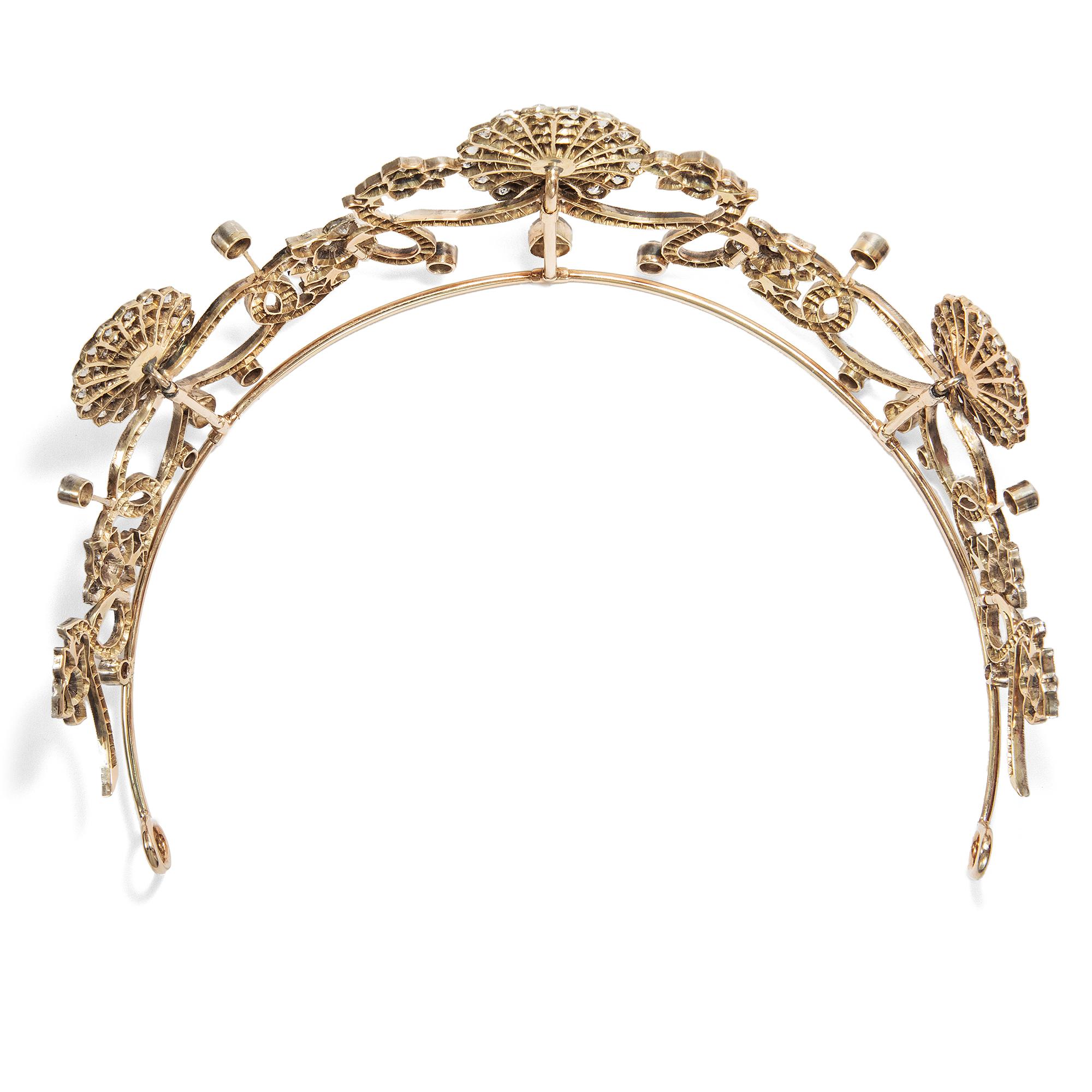 Old European Cut Antique Victorian circa 1890 16.76 ct Diamond Silver and Gold Belle Époque Tiara For Sale