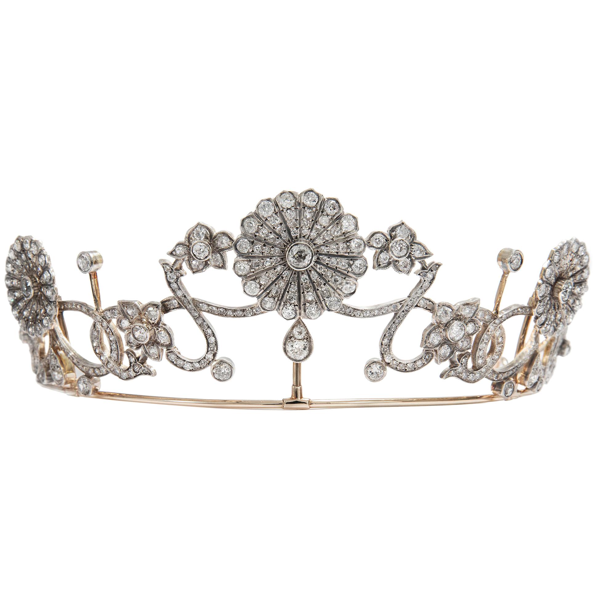 Antique Victorian circa 1890 16.76 ct Diamond Silver and Gold Belle Époque Tiara For Sale