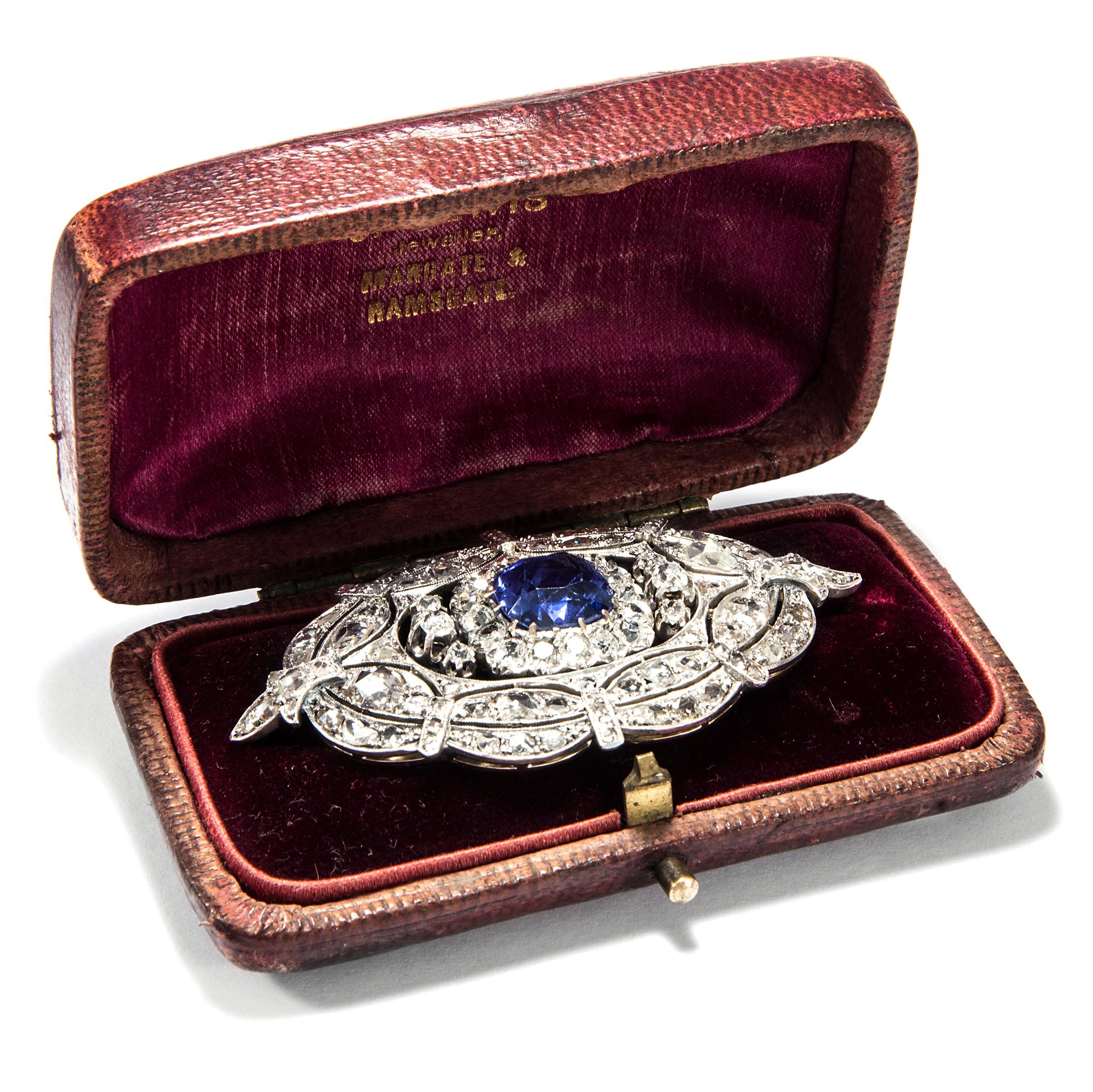 Antique Victorian circa 1890, 4.5 Carat Certified No Heat Blue Sapphire Brooch 1