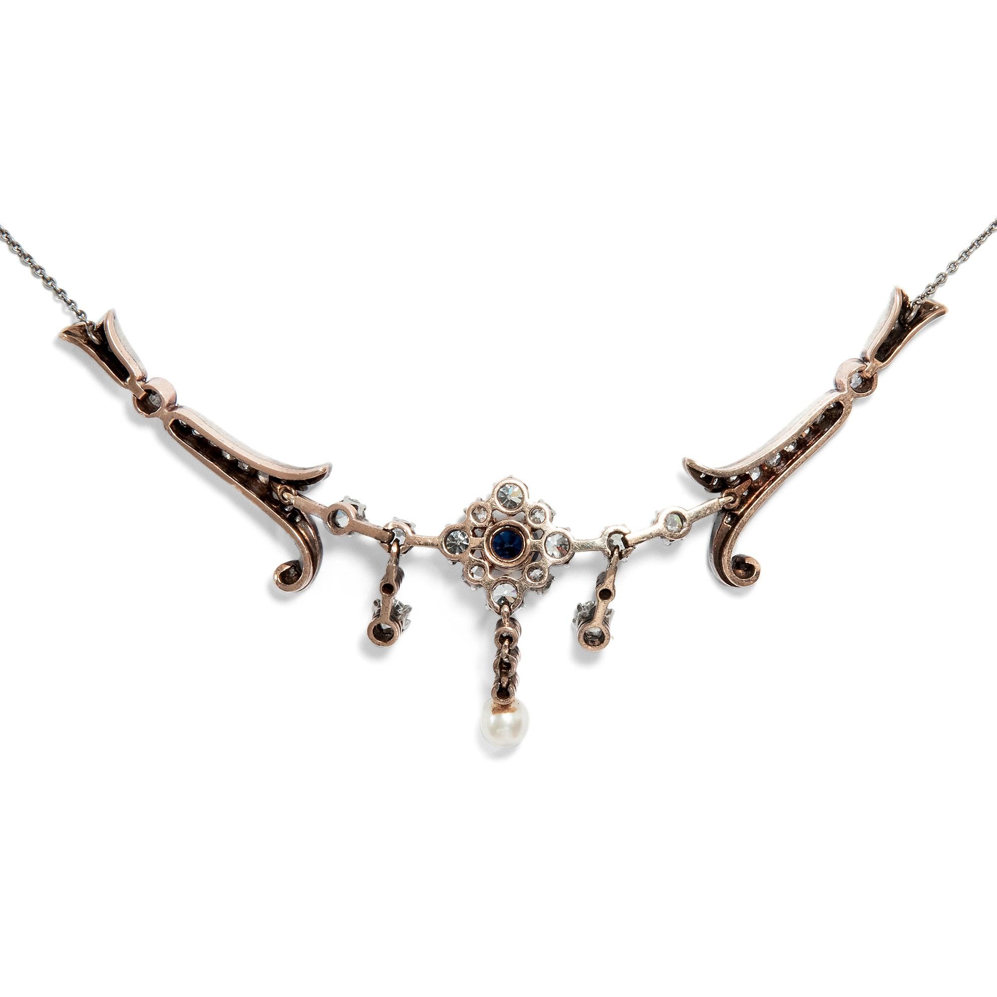 Old European Cut Antique Victorian circa 1890 Sapphire, Pearl and 2.31 Carat Diamond Necklace For Sale