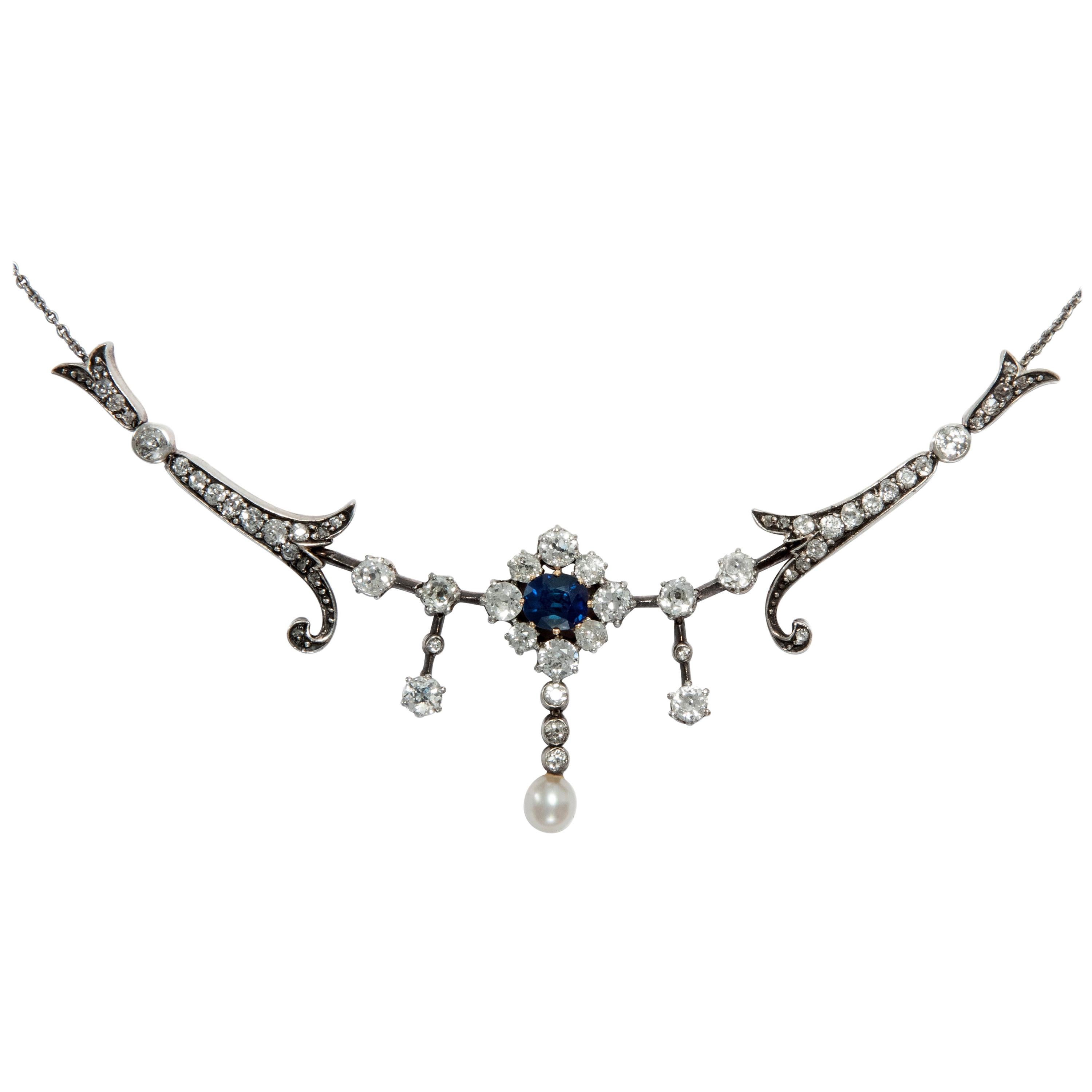 Antique Victorian circa 1890 Sapphire, Pearl and 2.31 Carat Diamond Necklace For Sale
