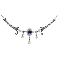 Antique Victorian circa 1890 Sapphire, Pearl and 2.31 Carat Diamond Necklace