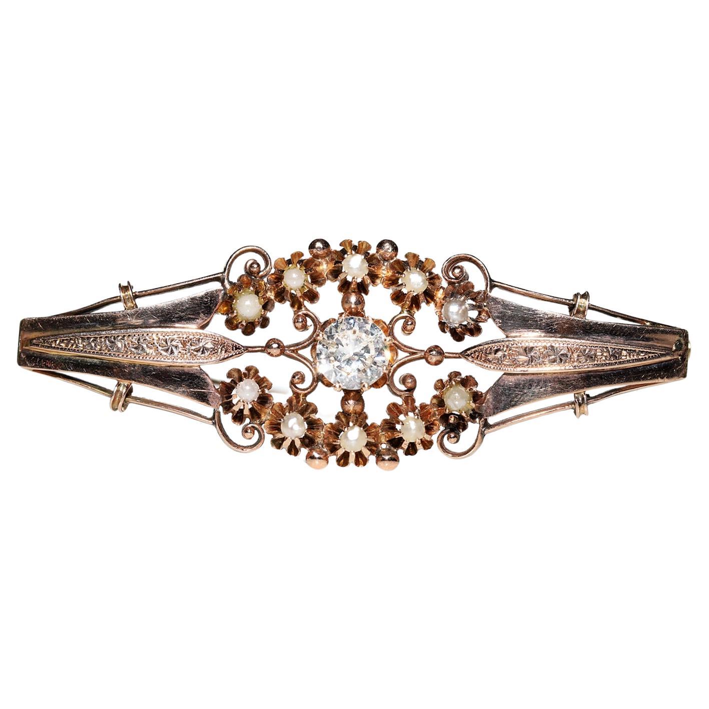 Antique Victorian Circa 1900s 14k Gold Natural Diamond Decorated Brooch For Sale