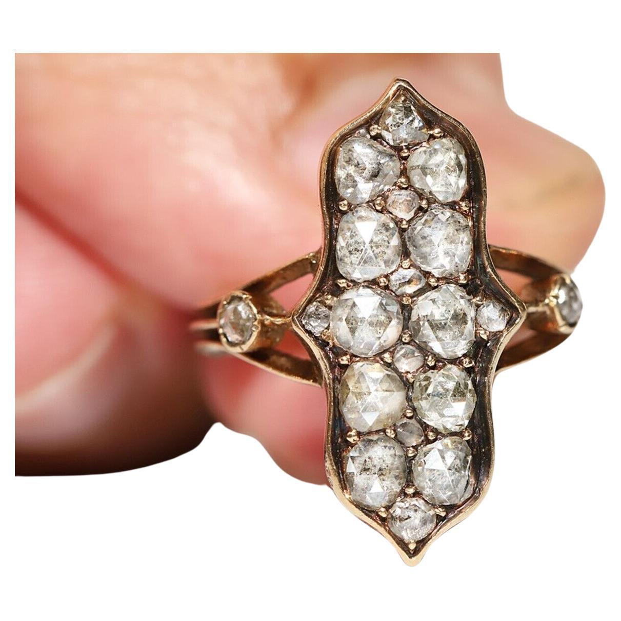 Antique Victorian Circa 1900s 14k Gold Natural Rose Cut Diamond Decorated Ring  For Sale