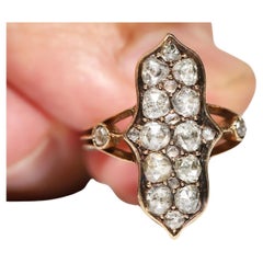 Antique Victorian Circa 1900s 14k Gold Natural Rose Cut Diamond Decorated Ring 