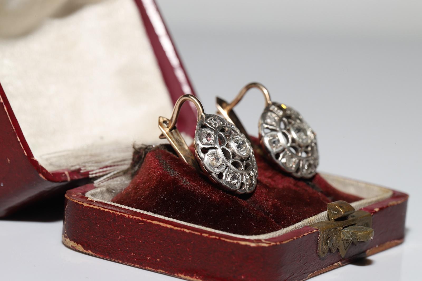 Brilliant Cut Antique Victorian Circa 1900s 14k Gold Top Silver Natural Diamond Earring For Sale