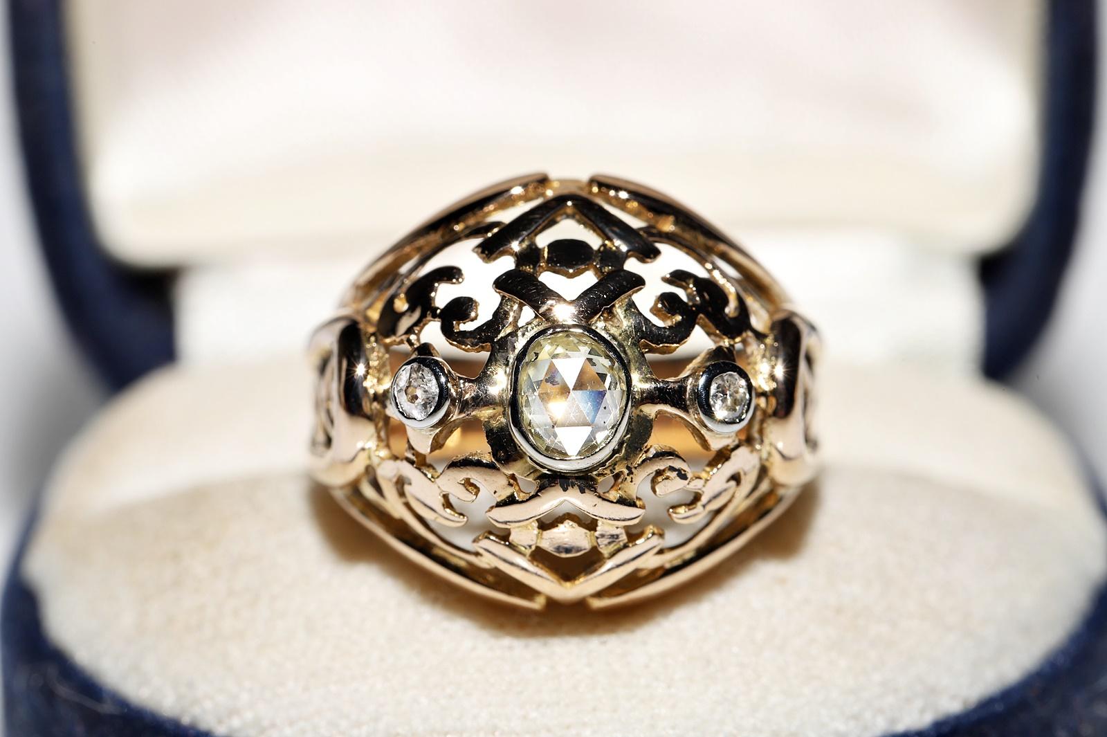 Rose Cut Antique Victorian Circa 1900s 18k Gold Natural Diamond Decorated Ring For Sale
